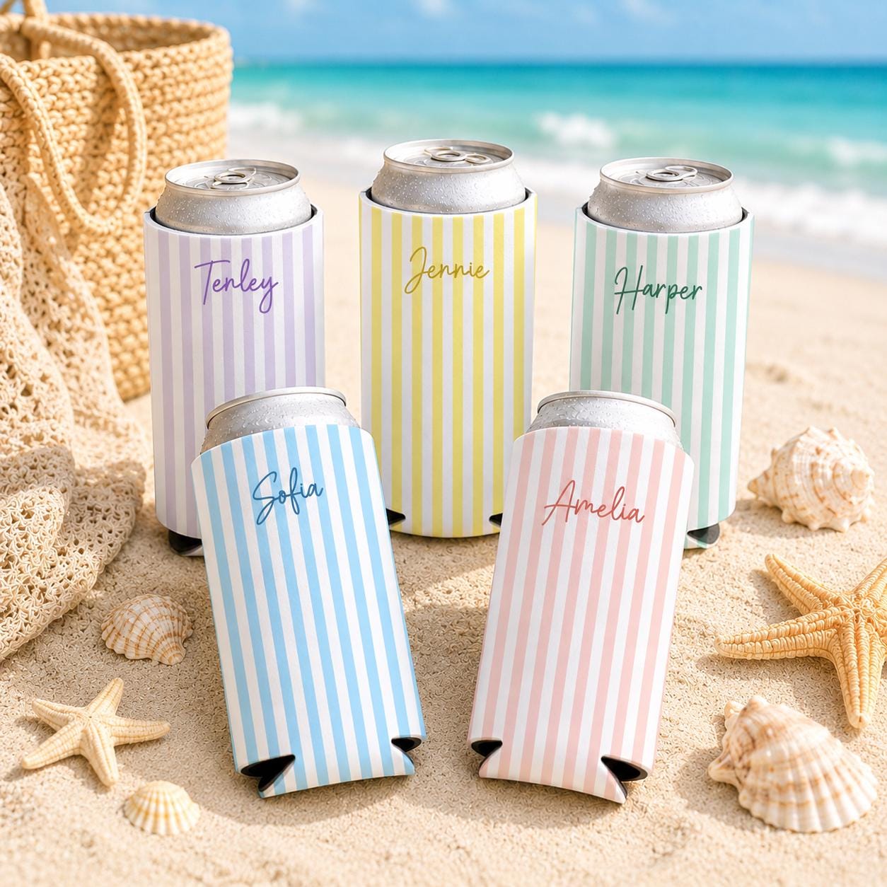 Personalized Name Monogrammed Slim Can Cooler, Beach Bachelorette Favors, Stripe Skinny Can Cooler, Bridal Party Gift, Bridesmaid Gifts