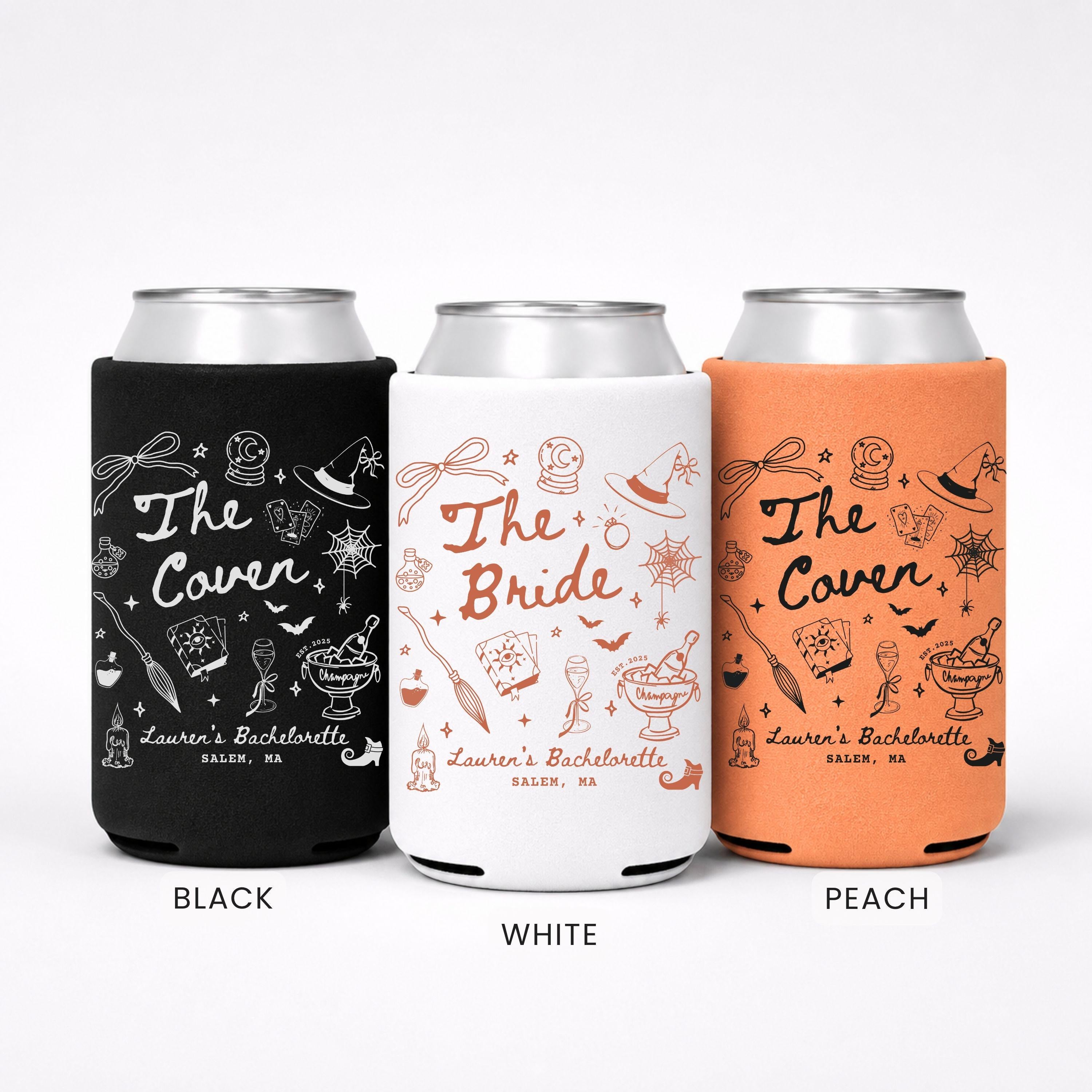 Witch Bachelorette Party Can Cooler, Custom Witchy Halloween Can Holder, Personalized Spooky Bridal Party Favor, The Coven Bride Girls Trip