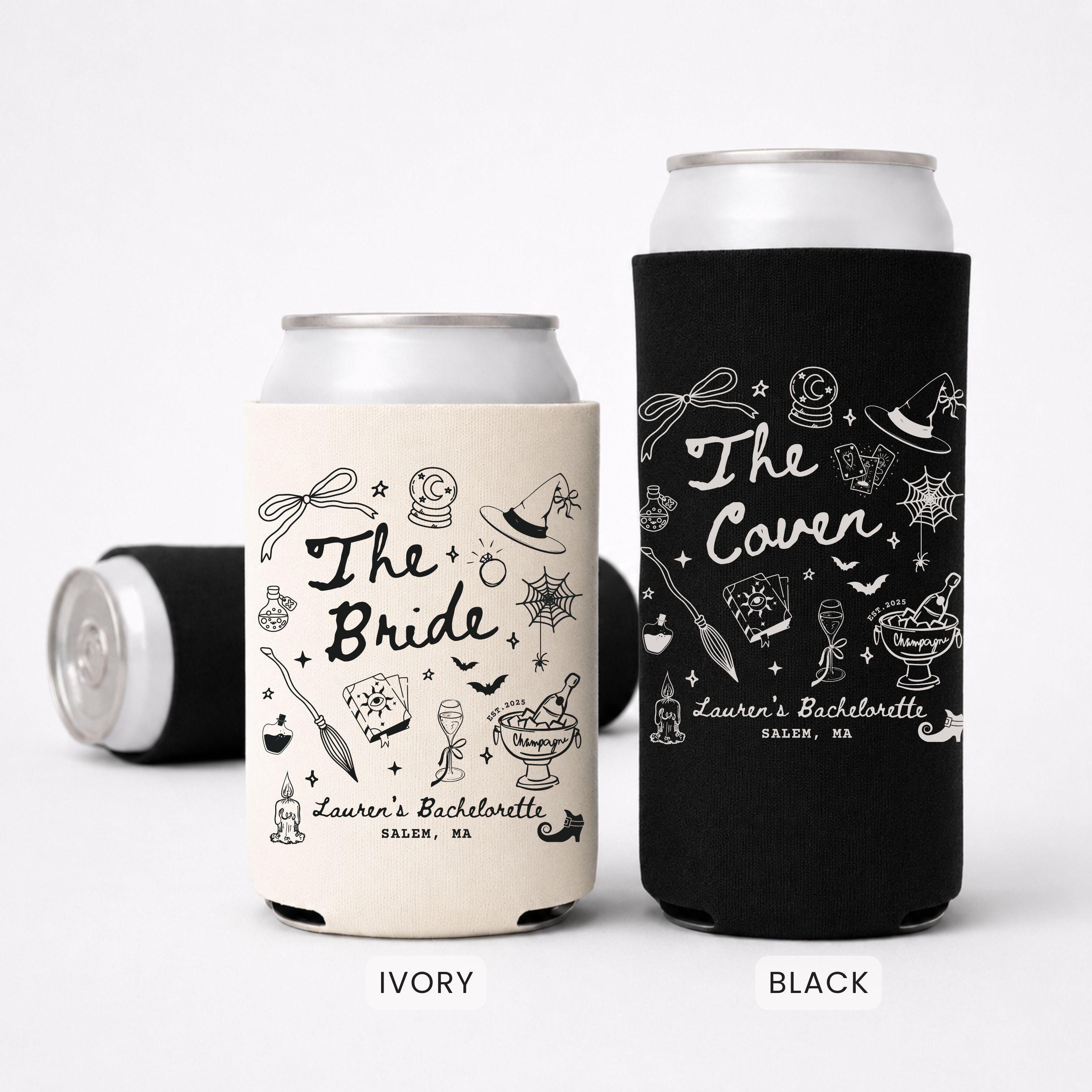 Witch Bachelorette Party Can Cooler, Custom Witchy Halloween Can Holder, Personalized Spooky Bridal Party Favor, The Coven Bride Girls Trip