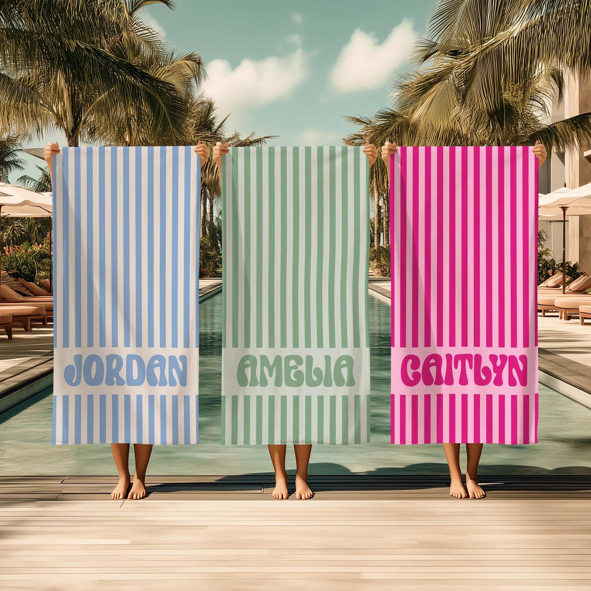 Personalized Striped Beach Towel, Custom Name Retro Bath Towel, Bachlorette Gift