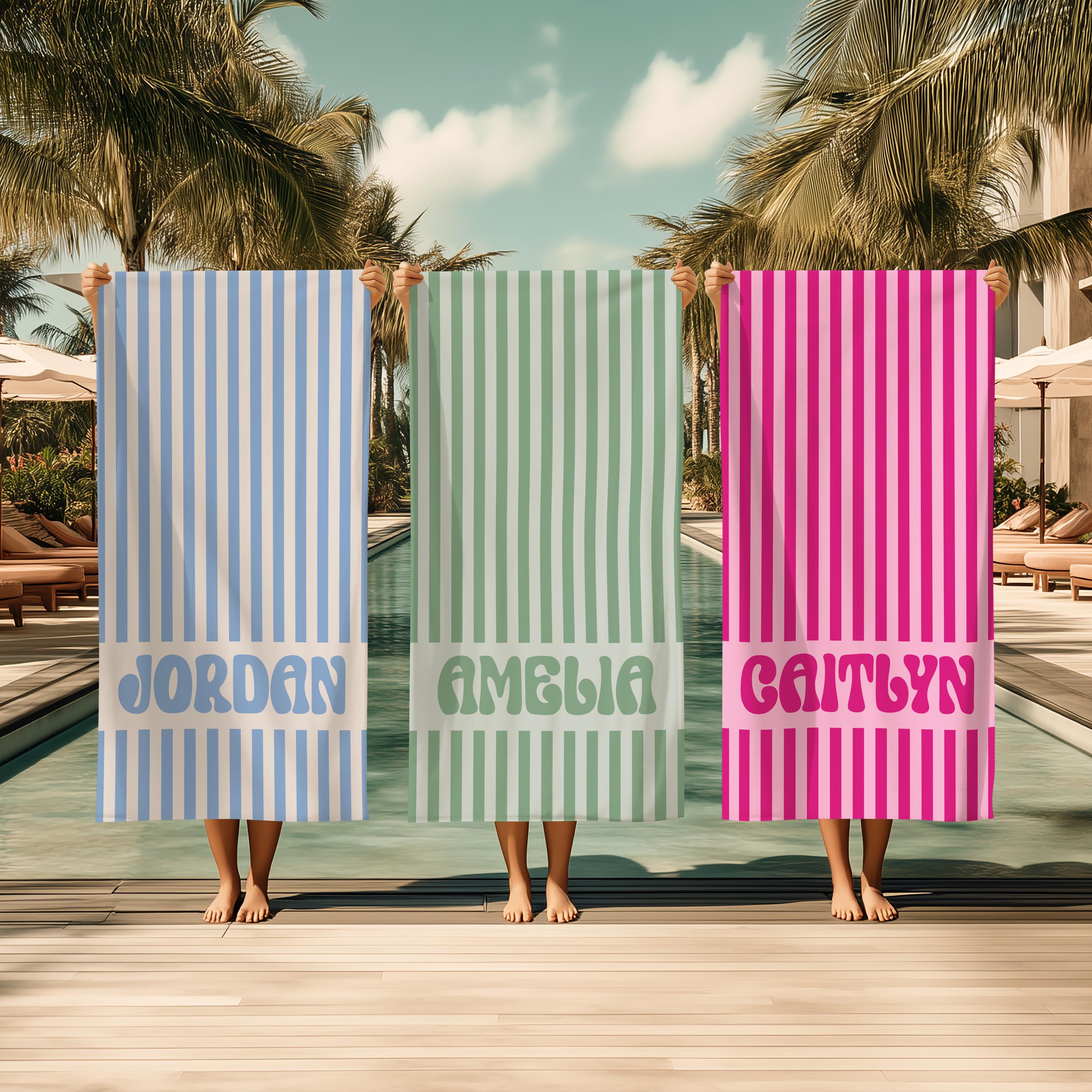 Personalized Striped Beach Towel, Custom Name Retro Bath Towel, Bachlorette Gift