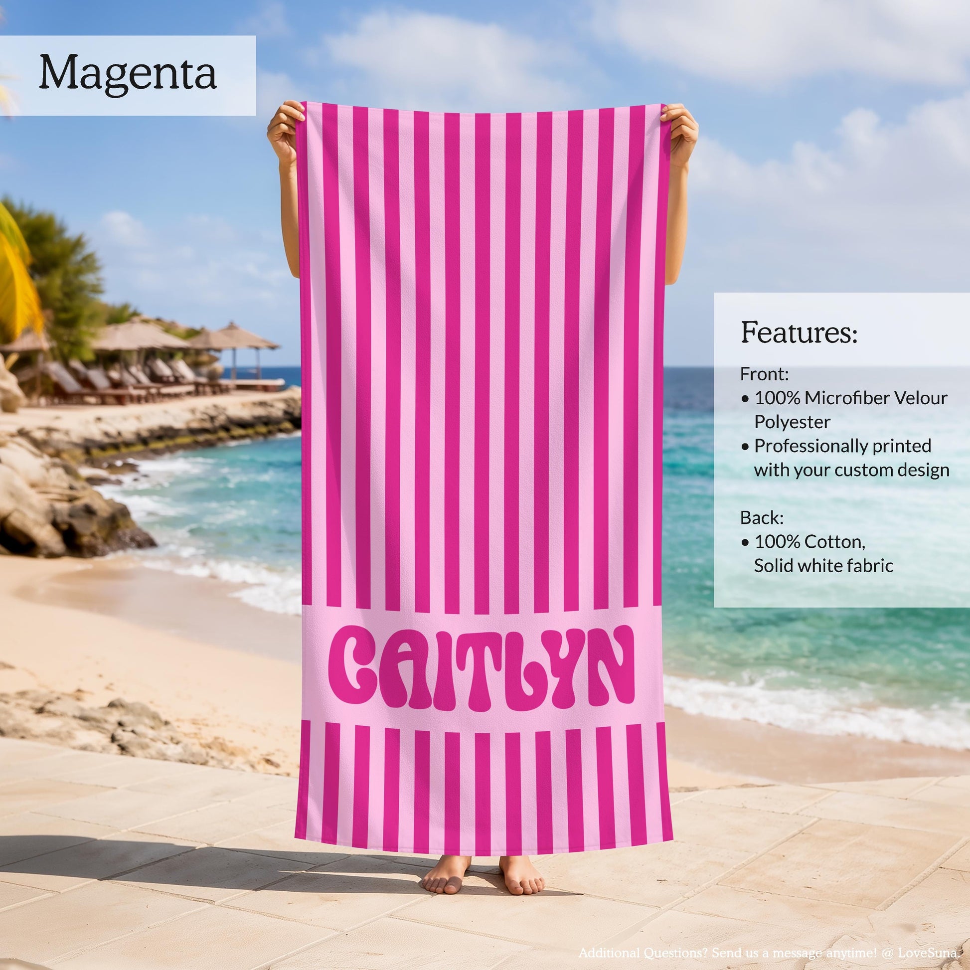Personalized Striped Beach Towel, Custom Name Retro Bath Towel, Bachlorette Gift