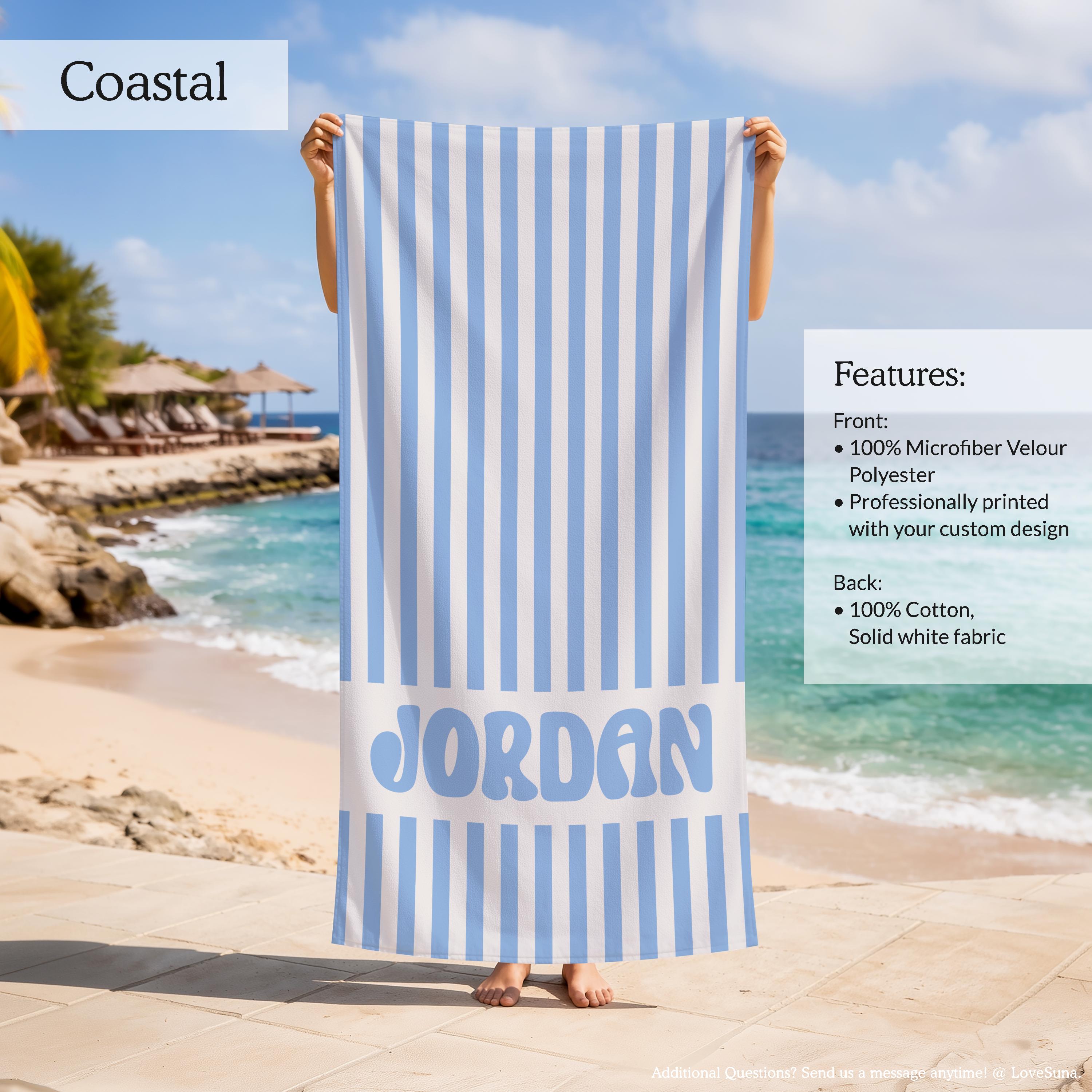 Personalized Striped Beach Towel, Custom Name Retro Bath Towel, Bachlorette Gift