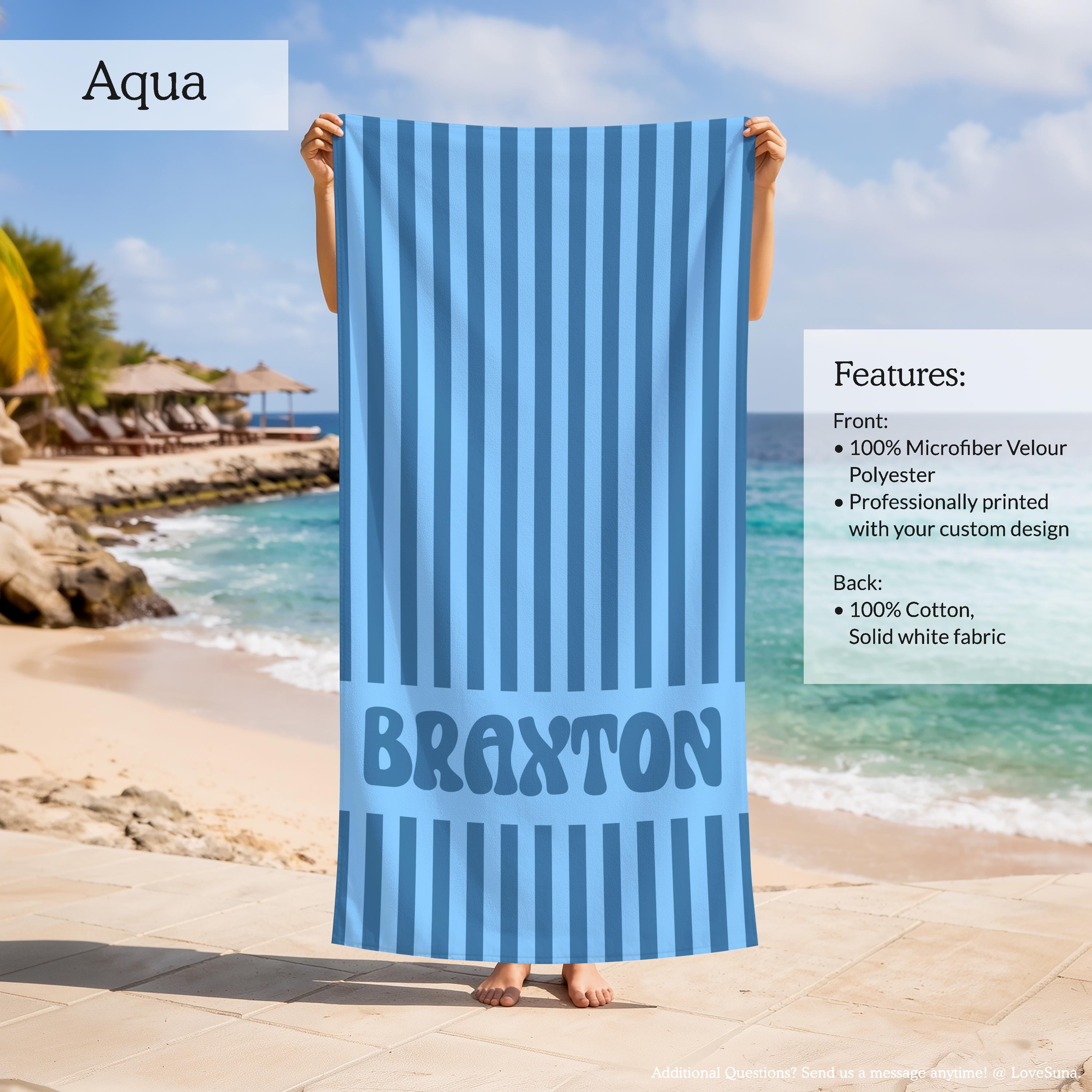Personalized Striped Beach Towel, Custom Name Retro Bath Towel, Bachlorette Gift