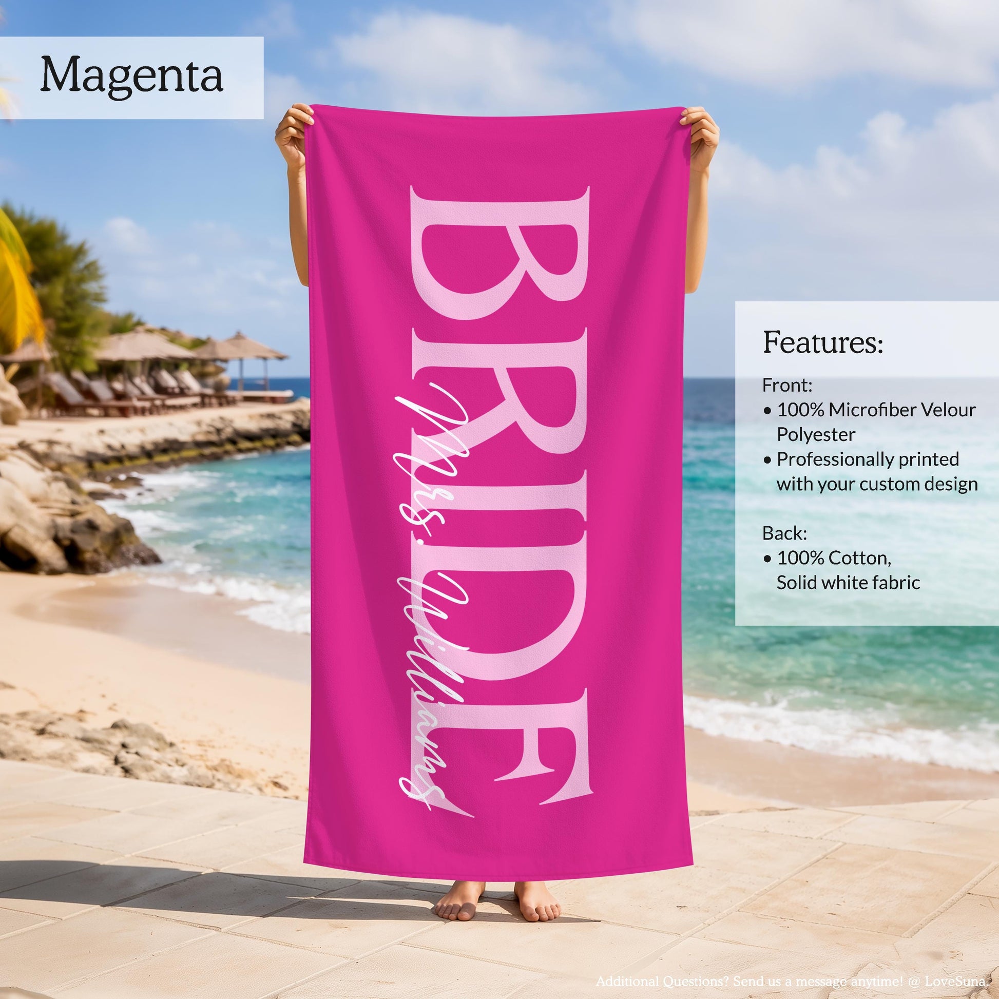 Personalized Bride Beach Towel, Custom Bridesmaid Towel, Bridal Shower Gift, Bachelorette Party Favors, Honeymoon Bride Groom Towel
