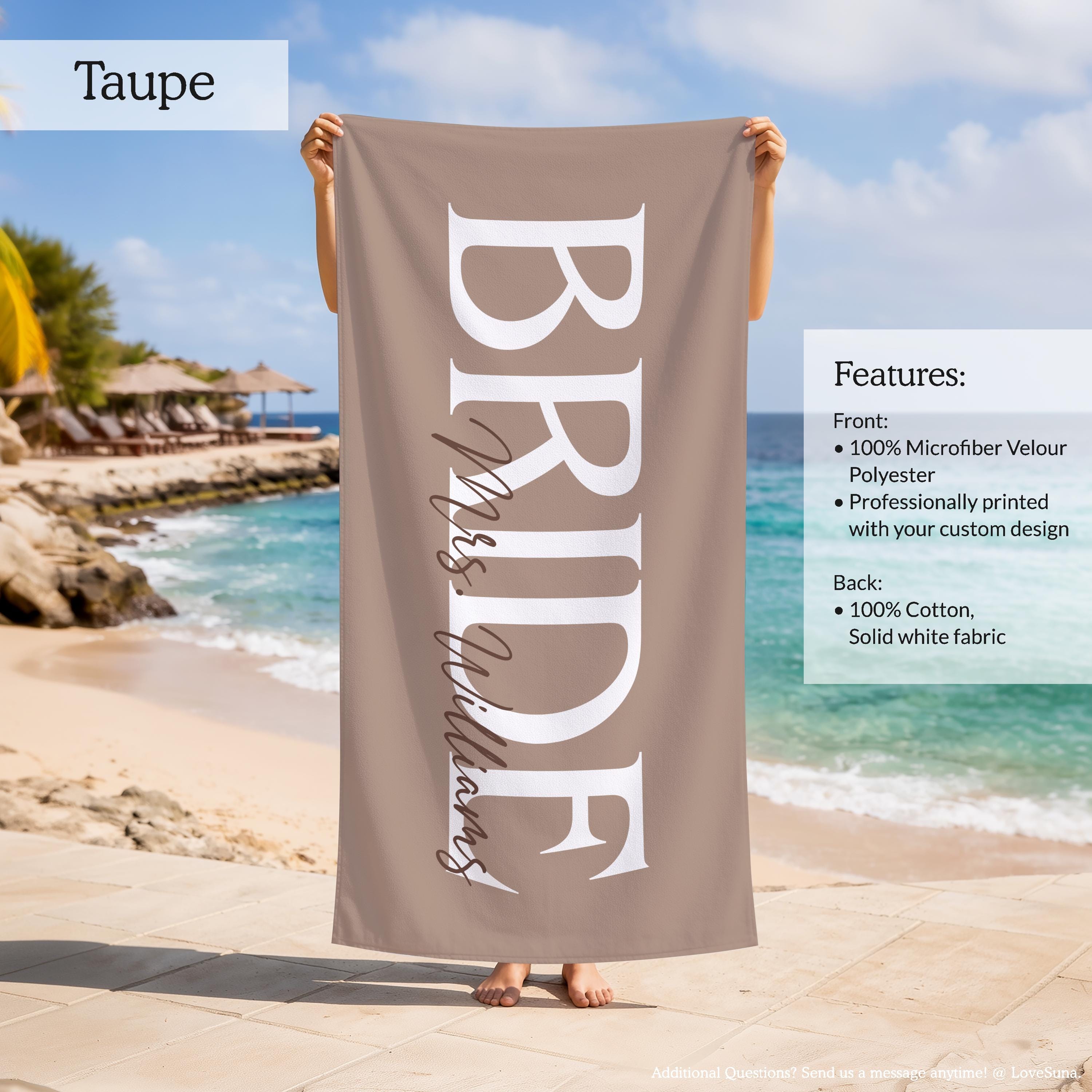 Personalized Bride Beach Towel, Custom Bridesmaid Towel, Bridal Shower Gift, Bachelorette Party Favors, Honeymoon Bride Groom Towel