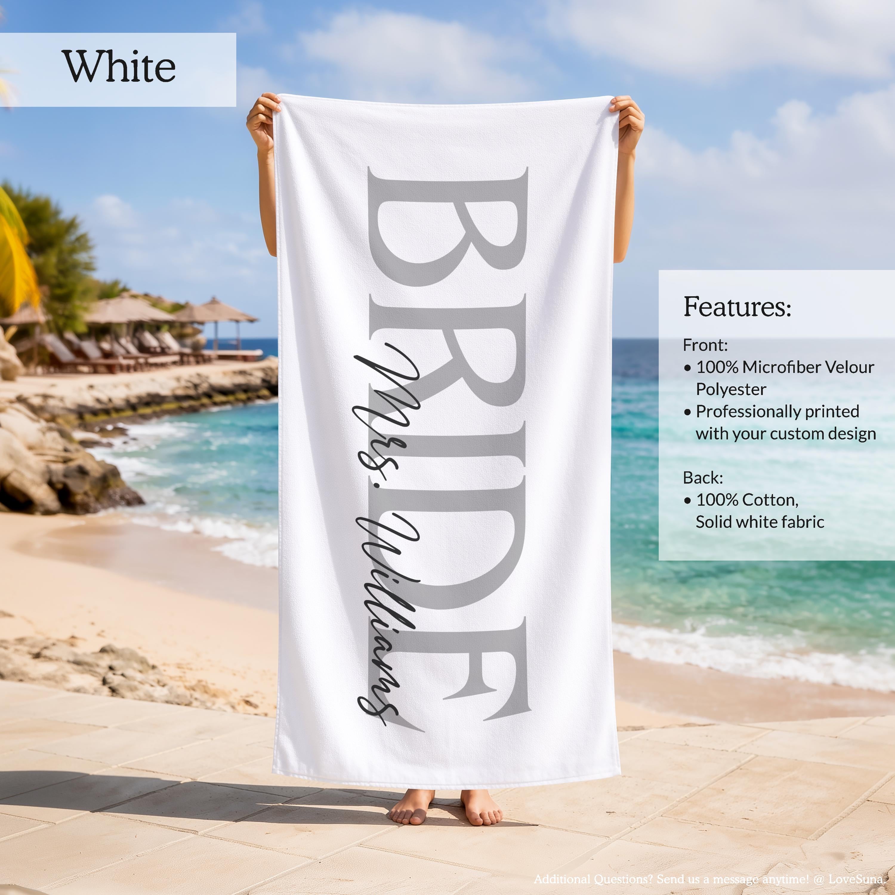 Personalized Bride Beach Towel, Custom Bridesmaid Towel, Bridal Shower Gift, Bachelorette Party Favors, Honeymoon Bride Groom Towel