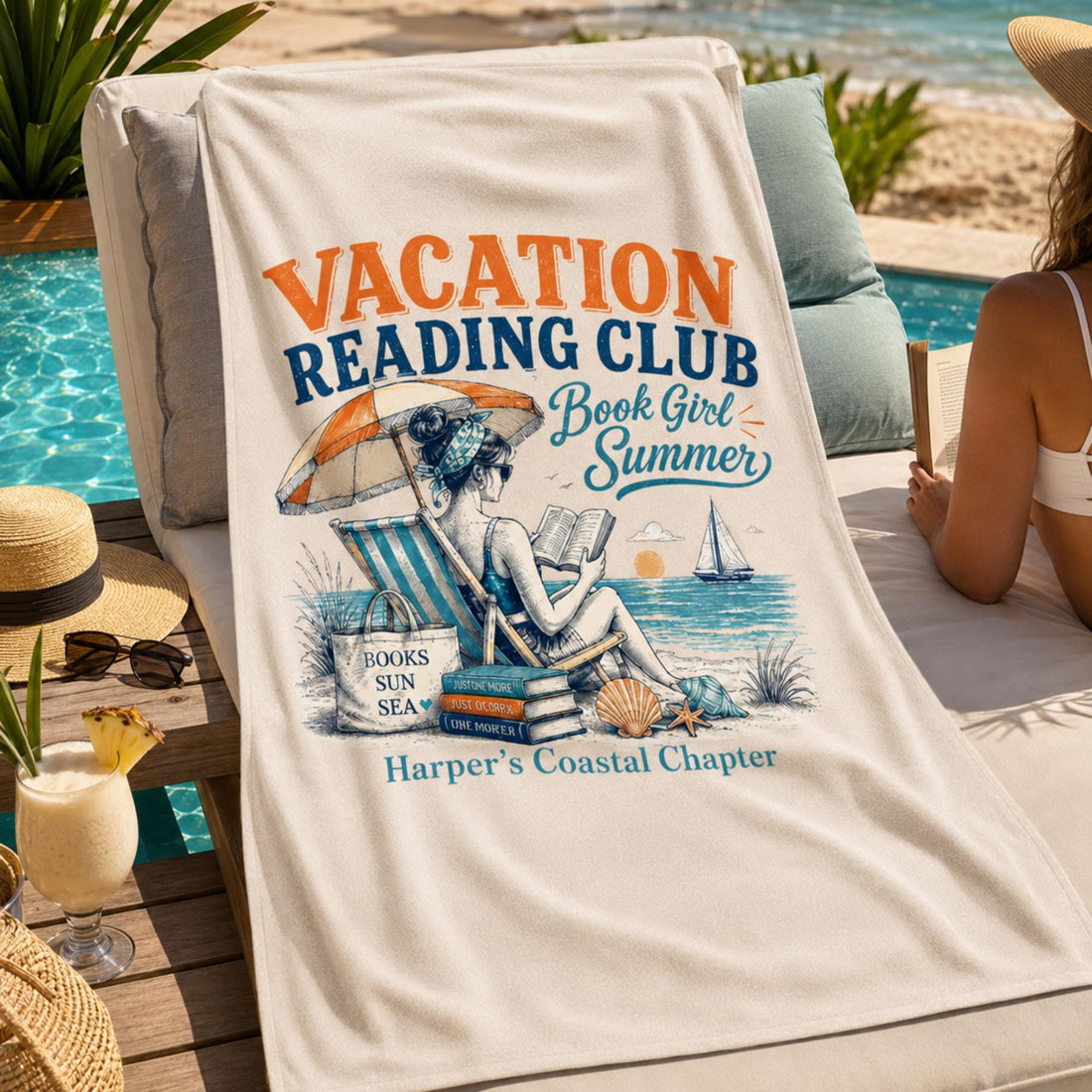 Personalized Book Lover Beach Towel, Custom Reader Gift for Her, Summer Reading Club Towel, Coastal Book Club Gift