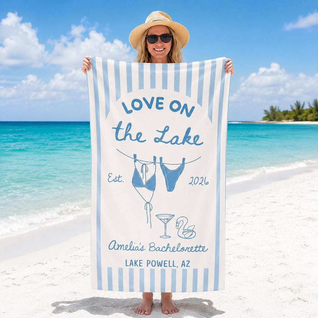 Personalized Lake Bachelorette Beach Towel, Custom Bride Name & Location, Love on the Lake Bridal Party Gift, Girls Trip Pool Towel