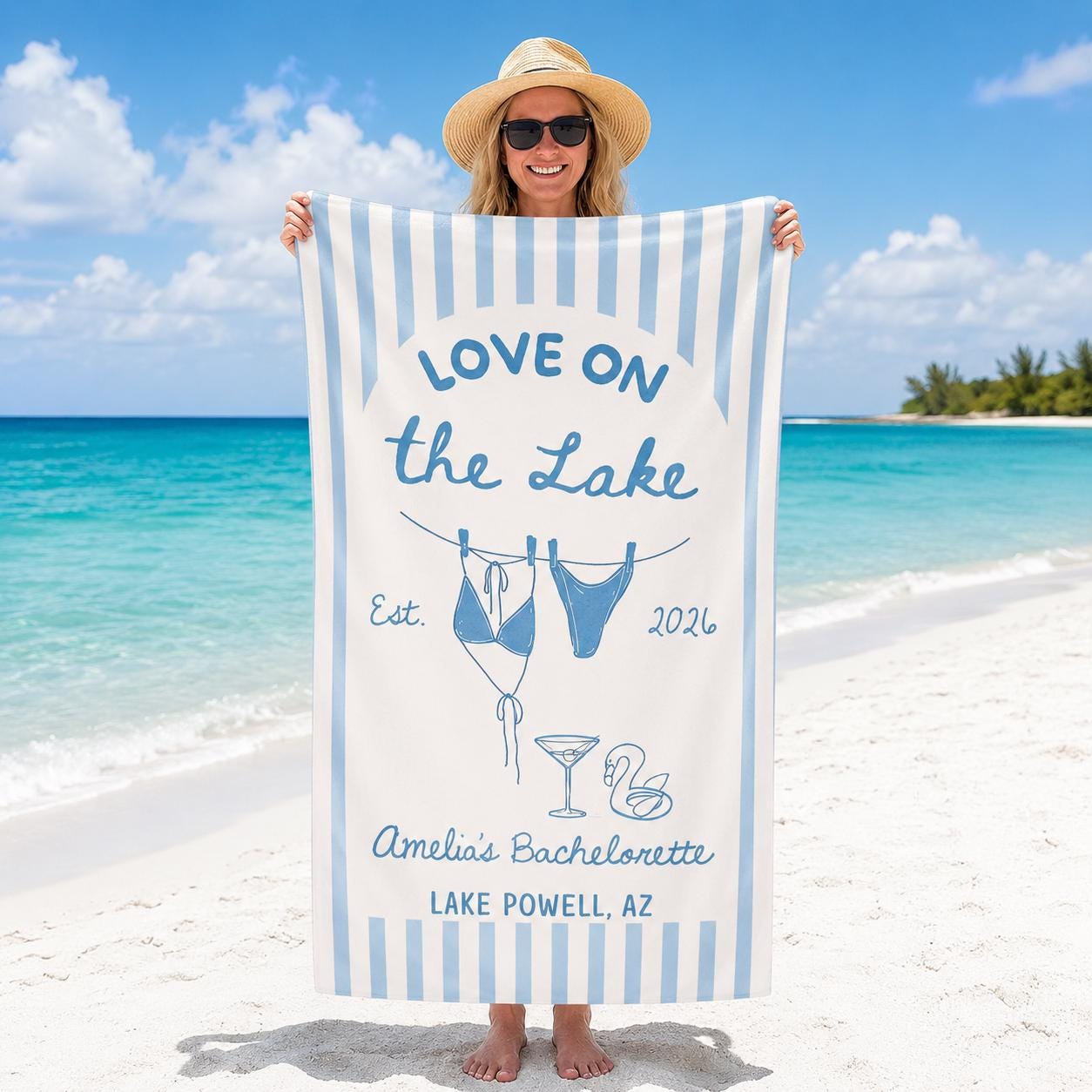 Personalized Lake Bachelorette Beach Towel, Custom Bride Name & Location, Love on the Lake Bridal Party Gift, Girls Trip Pool Towel