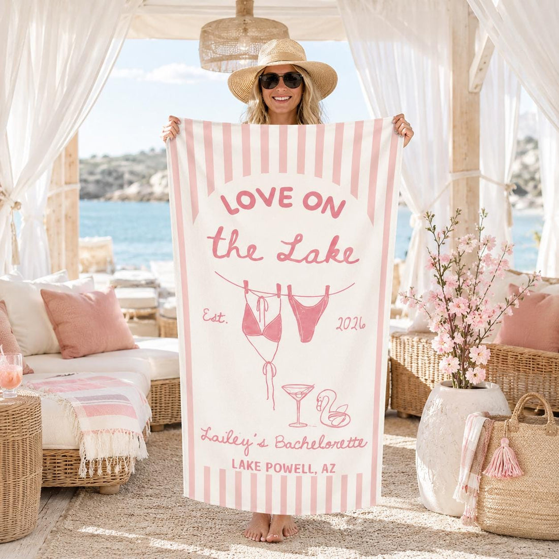 Personalized Lake Bachelorette Beach Towel, Custom Bride Name & Location, Love on the Lake Bridal Party Gift, Girls Trip Pool Towel