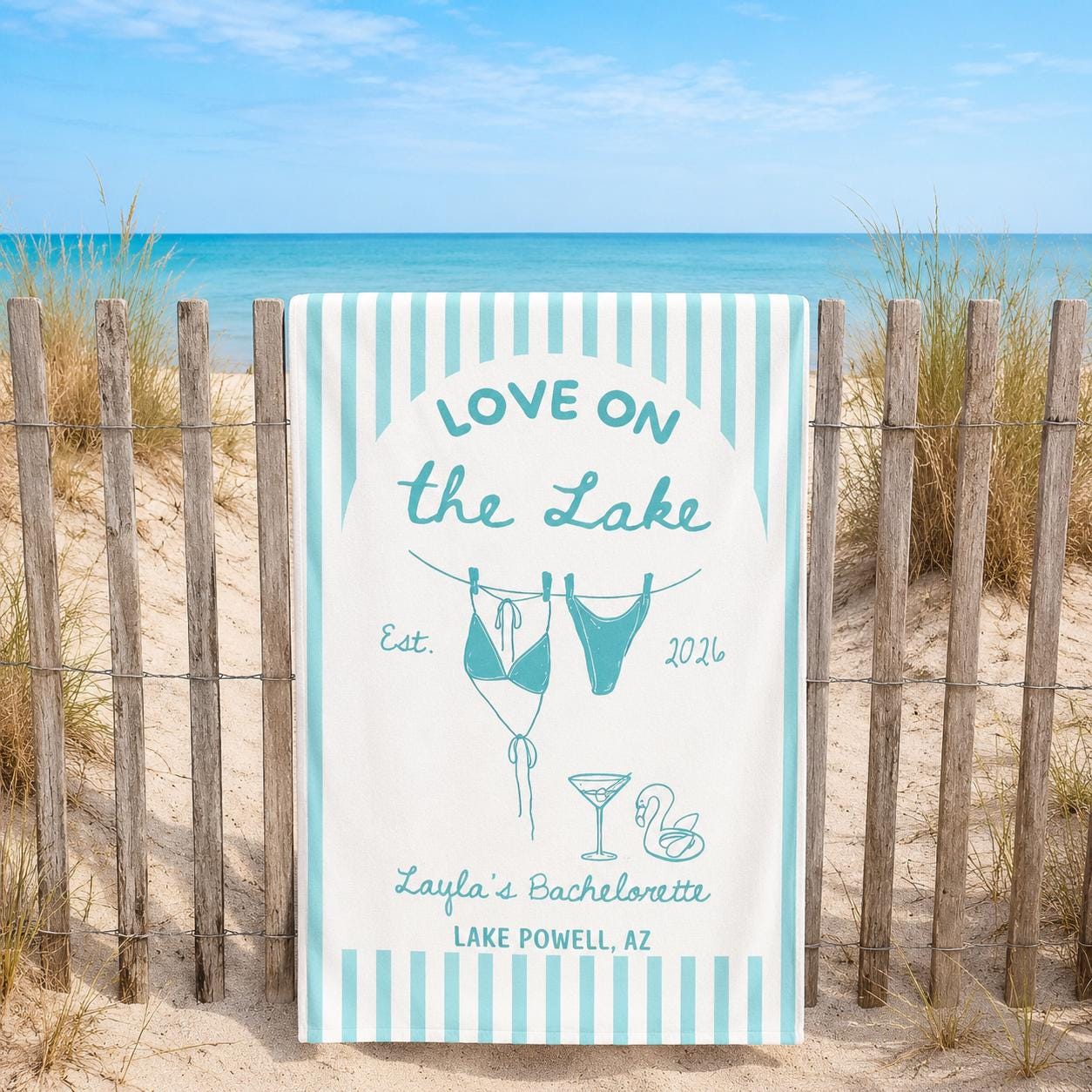 Personalized Lake Bachelorette Beach Towel, Custom Bride Name & Location, Love on the Lake Bridal Party Gift, Girls Trip Pool Towel