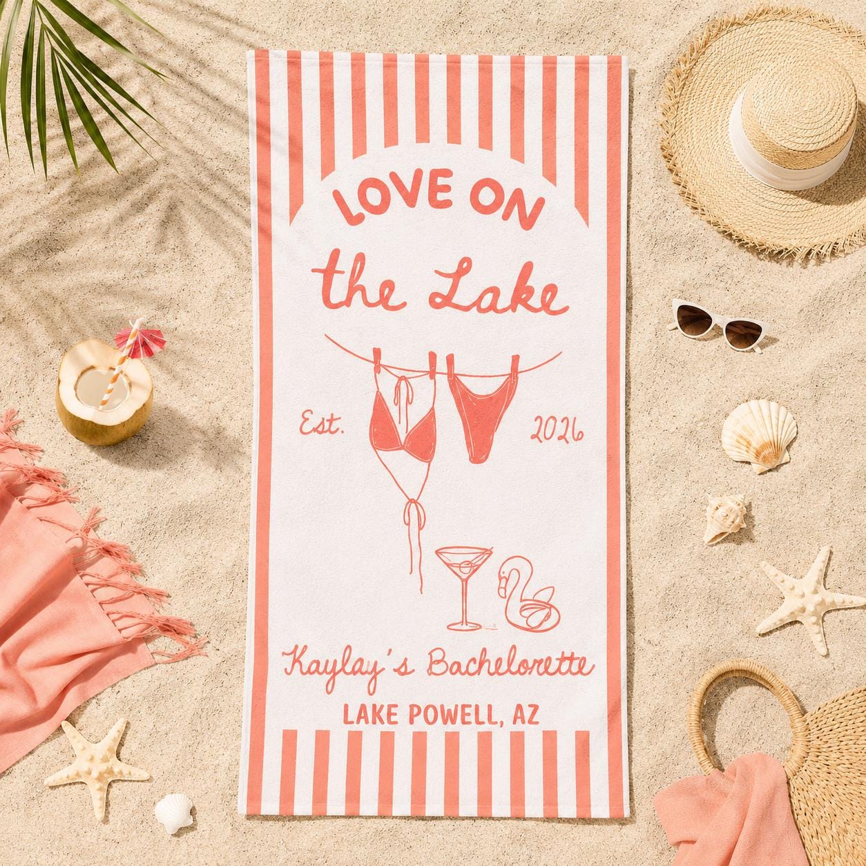Personalized Lake Bachelorette Beach Towel, Custom Bride Name & Location, Love on the Lake Bridal Party Gift, Girls Trip Pool Towel