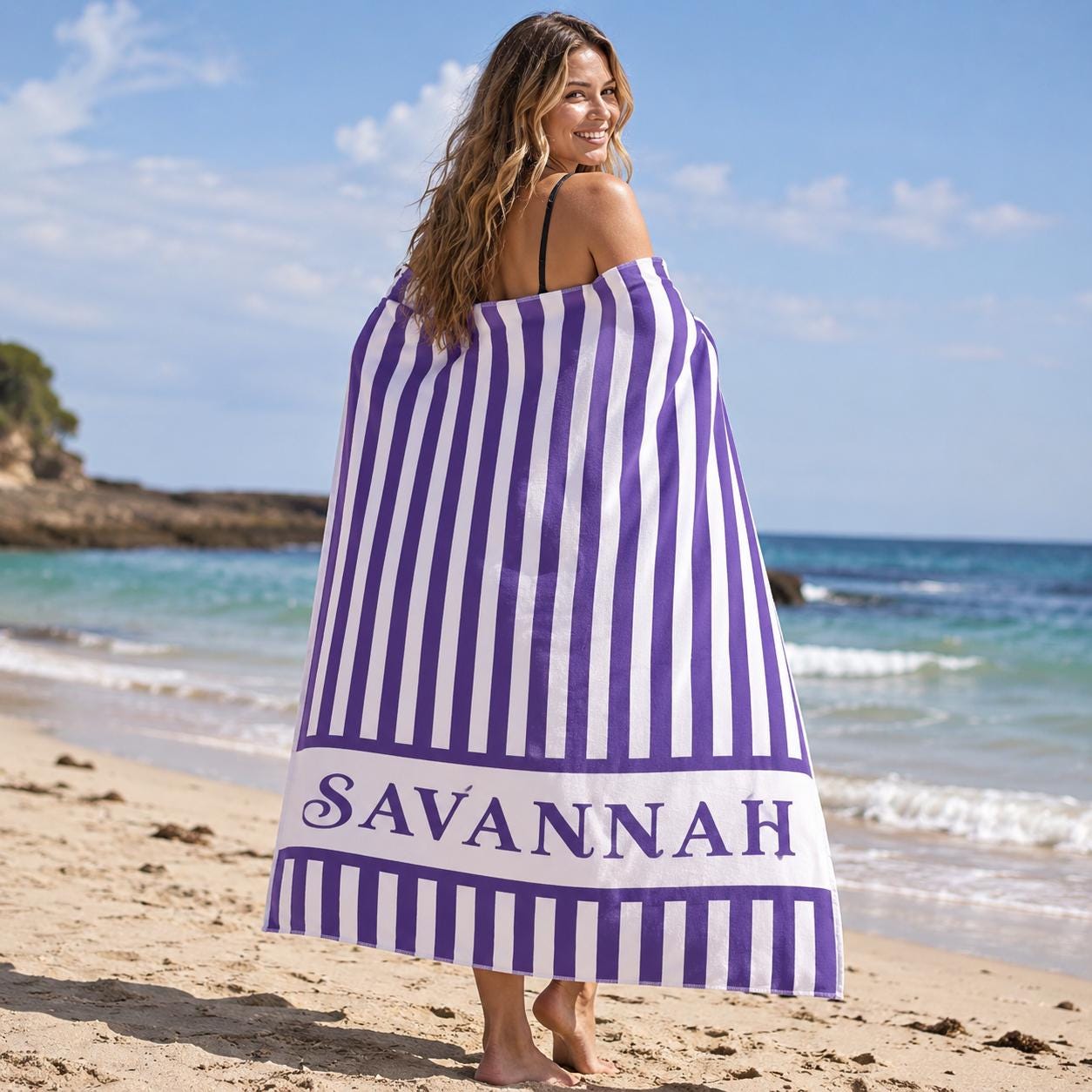 Personalized Vertical Striped Beach Towel, Custom Name Pool Swim Towel, Family Summer Trip Bachelorette Gift, Swimming Club Towel