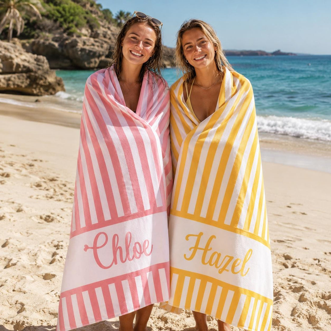 Personalized Vertical Striped Beach Towel, Custom Name Pool Swim Towel, Family Summer Trip Bachelorette Gift, Swimming Club Towel