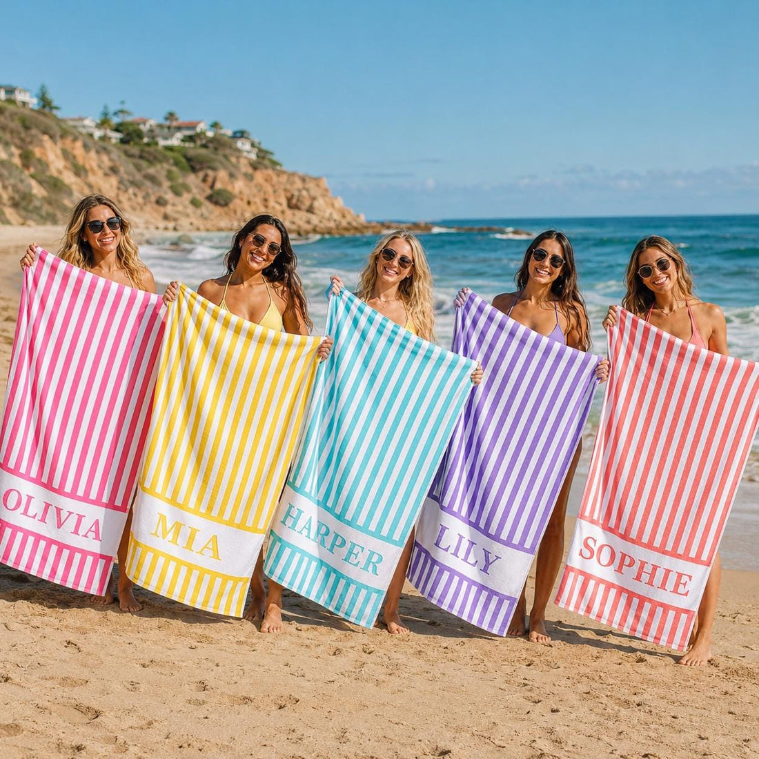 Personalized Vertical Striped Beach Towel, Custom Name Pool Swim Towel, Family Summer Trip Bachelorette Gift, Swimming Club Towel