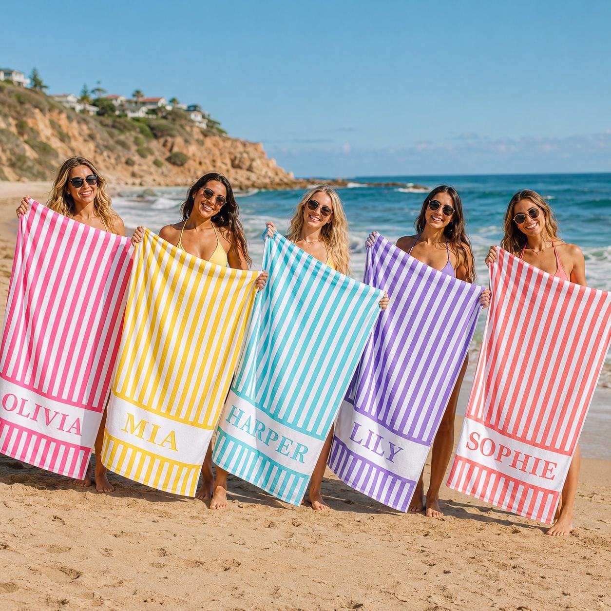 Personalized Vertical Striped Beach Towel, Custom Name Pool Swim Towel, Family Summer Trip Bachelorette Gift, Swimming Club Towel