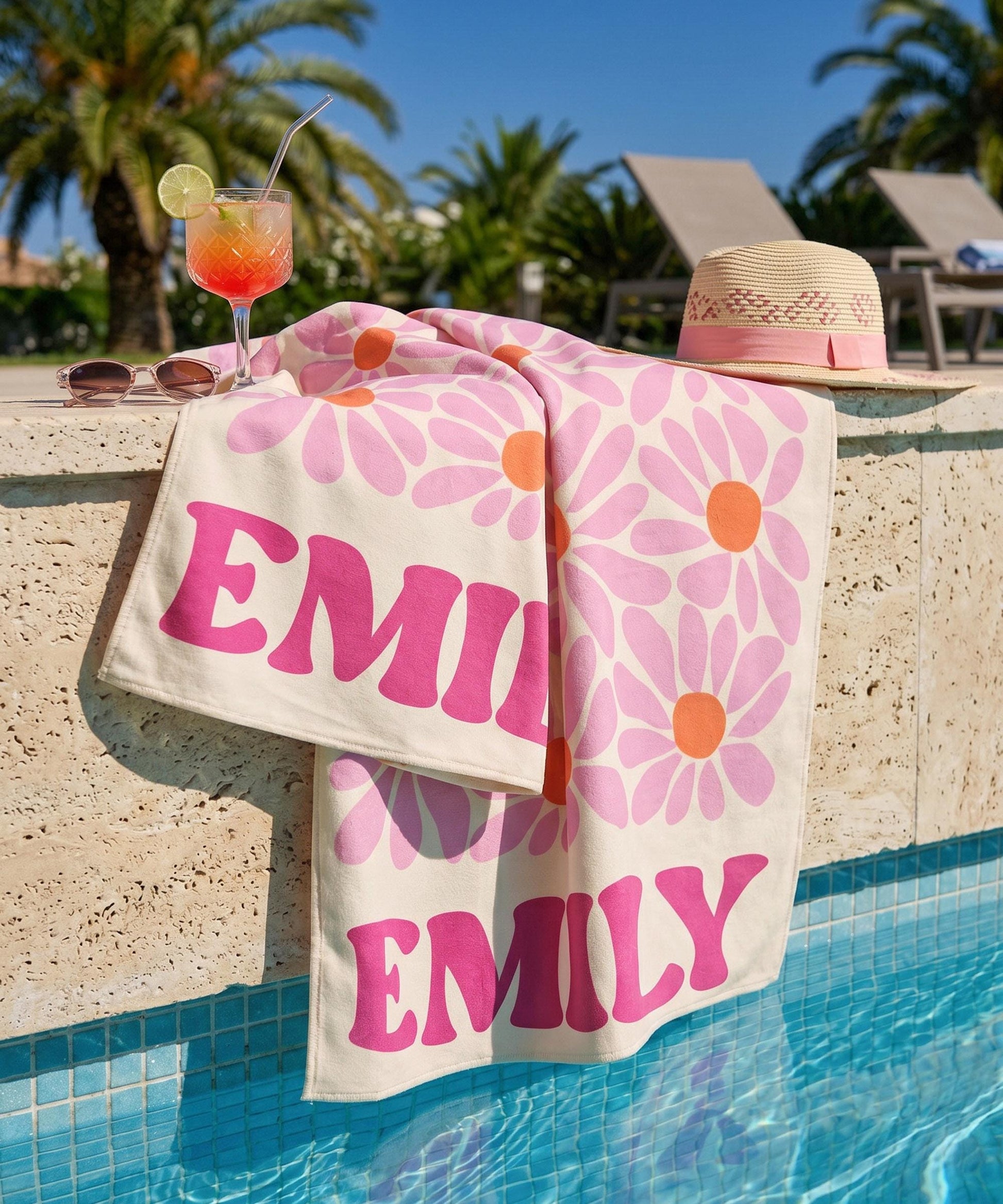 Personalized Retro Floral Beach Towels, Custom Name Pool Trips Towel, Bachelorette Party Favors, Girls Trip Summer Towel
