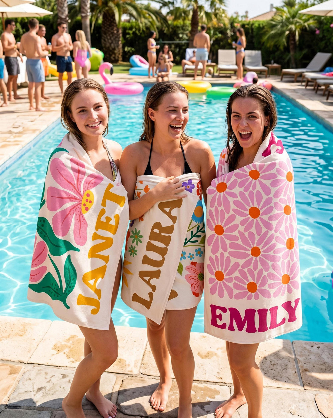 Personalized Retro Floral Beach Towels, Custom Name Pool Trips Towel, Bachelorette Party Favors, Girls Trip Summer Towel