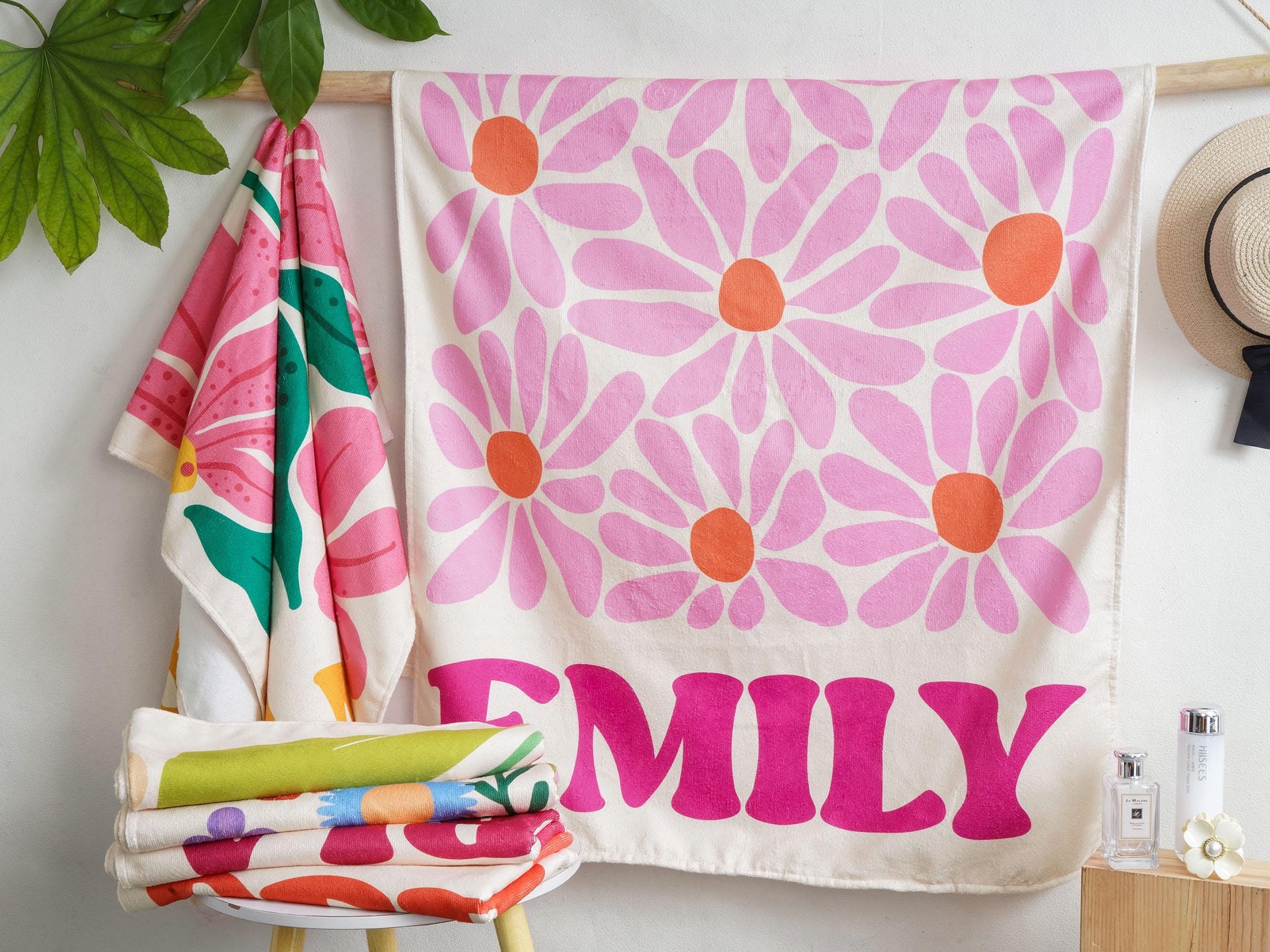 Personalized Retro Floral Beach Towels, Custom Name Pool Trips Towel, Bachelorette Party Favors, Girls Trip Summer Towel