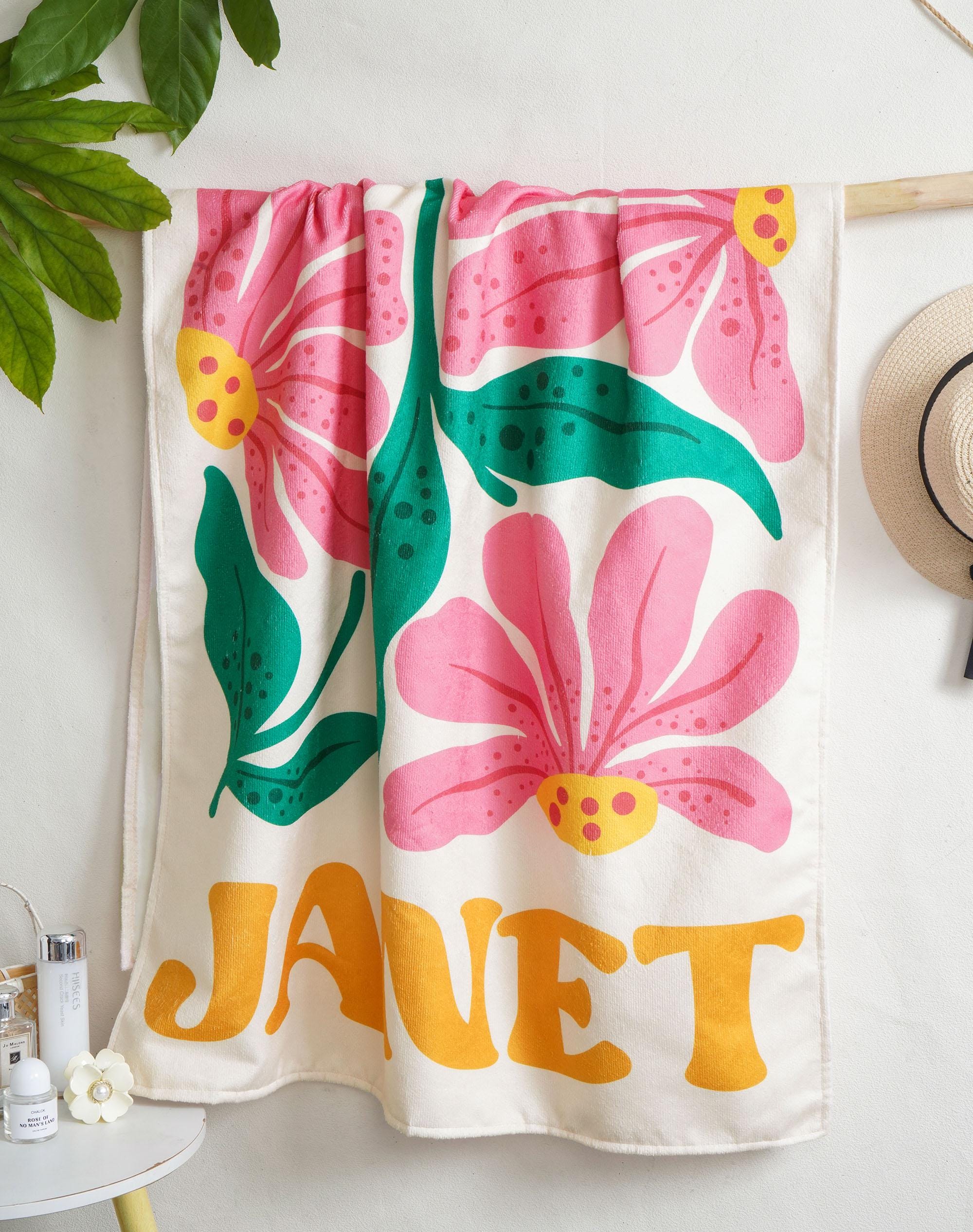 Personalized Retro Floral Beach Towels, Custom Name Pool Trips Towel, Bachelorette Party Favors, Girls Trip Summer Towel