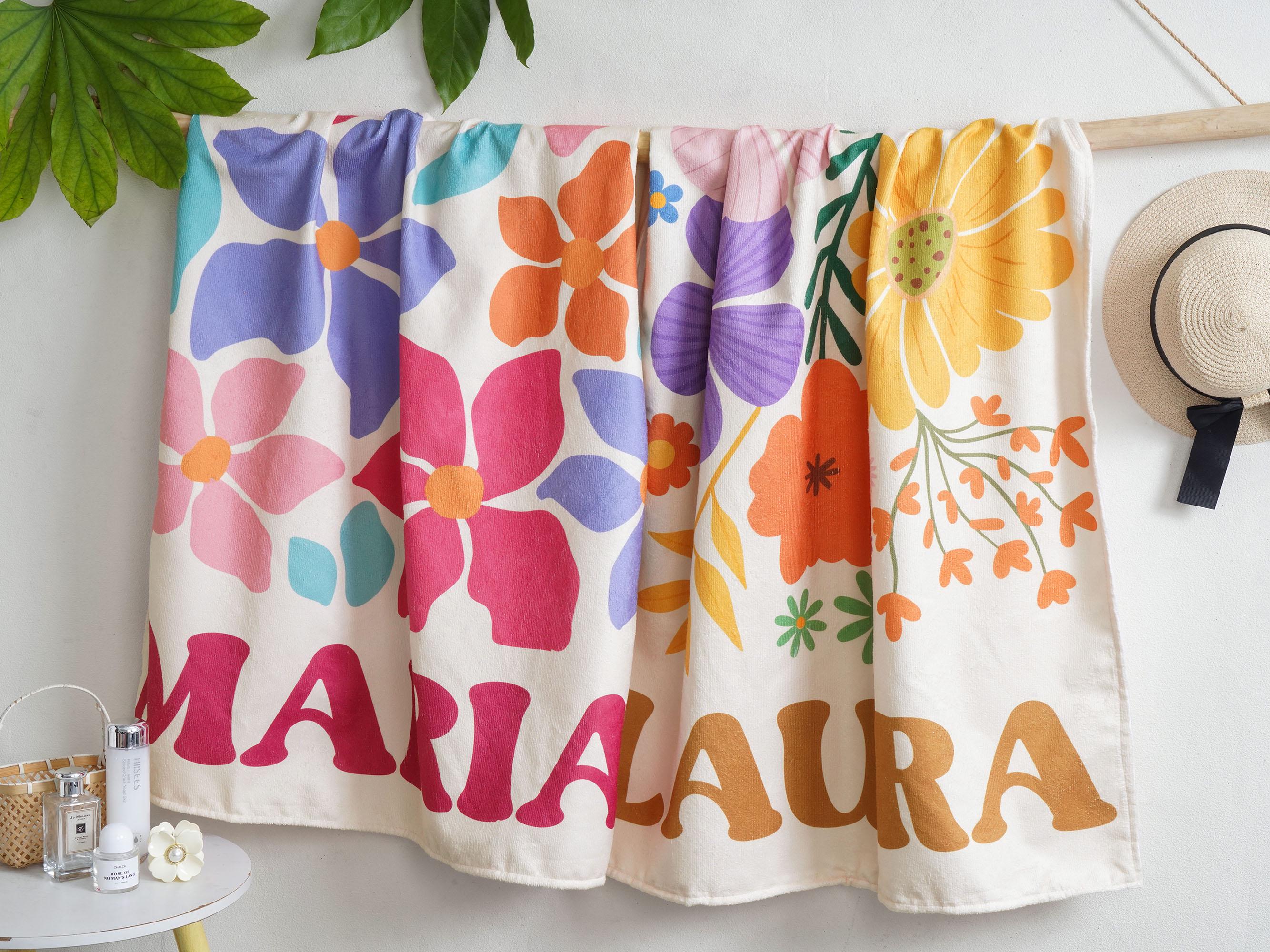 Personalized Retro Floral Beach Towels, Custom Name Pool Trips Towel, Bachelorette Party Favors, Girls Trip Summer Towel