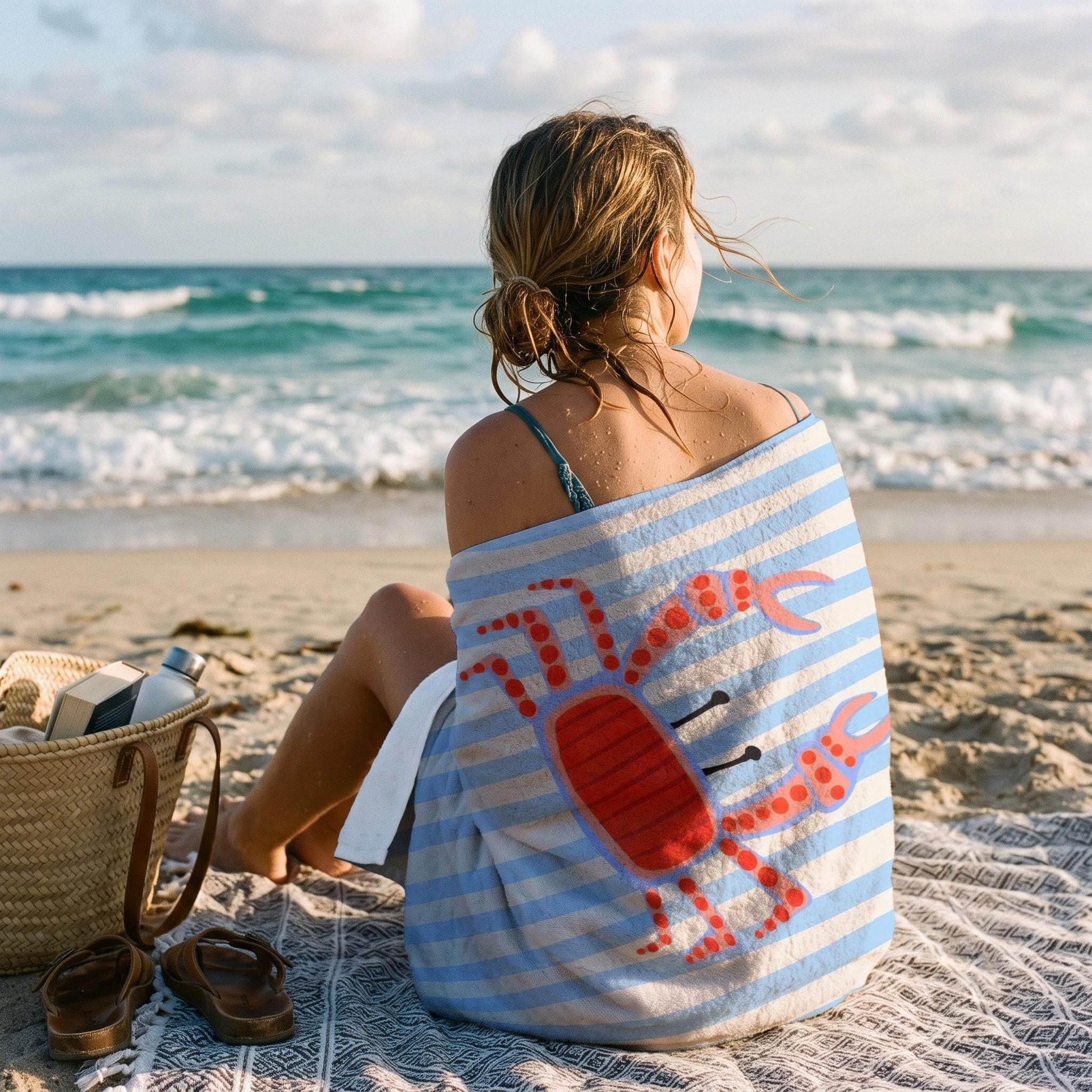 Cute Crab Beach Towel, Coastal Bath Towel, Ocean Animal Pool Towel, Personalized Summer Gift, Custom Printed Towel