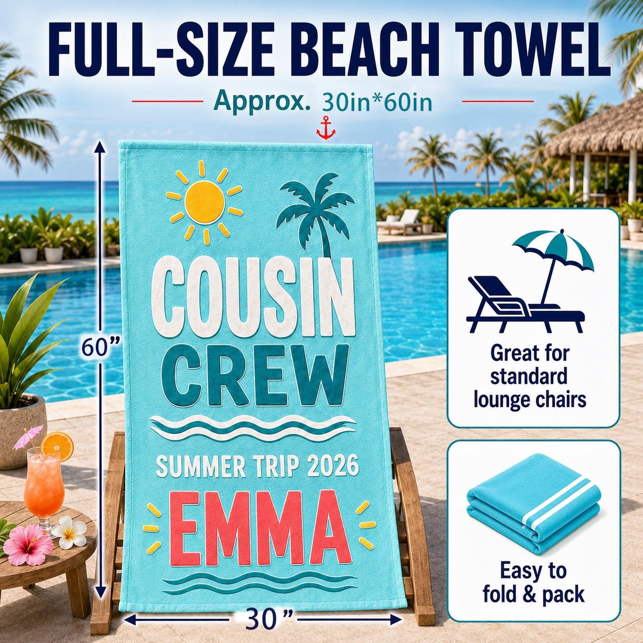 Custom Cousin Crew Beach Towel, Personalized Matching Summer Vacation Gift