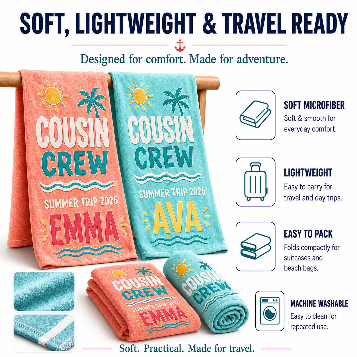 Custom Cousin Crew Beach Towel, Personalized Matching Summer Vacation Gift