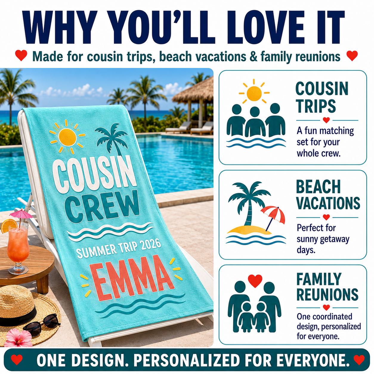 Custom Cousin Crew Beach Towel, Personalized Matching Summer Vacation Gift