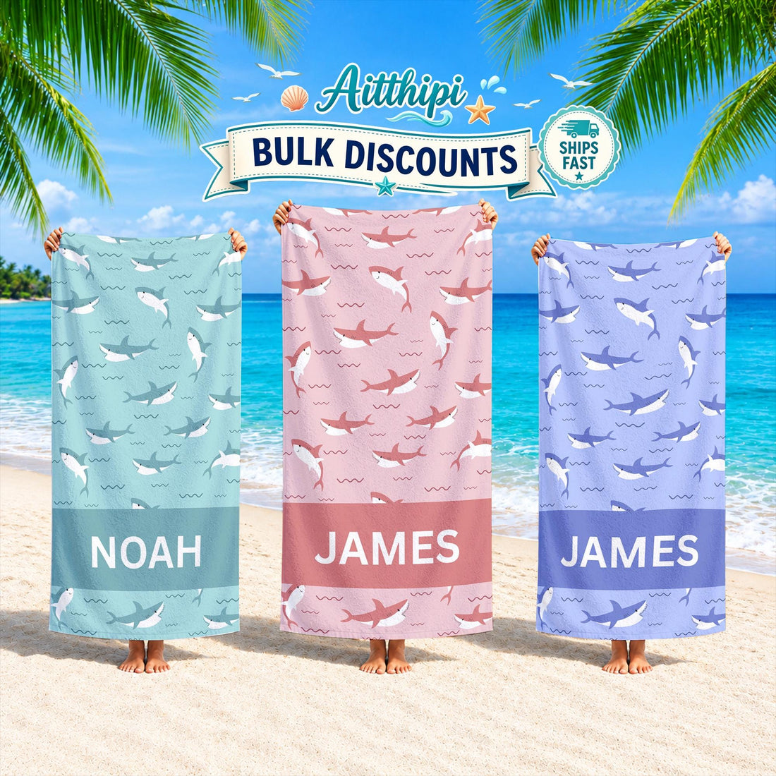 Customd Shark Beach Towel,Personalize Name Pool Towel,Ocean Theme Beach Towel for Kids,Summer Vacation Gift,Picnic Towel,Marine Life Towel