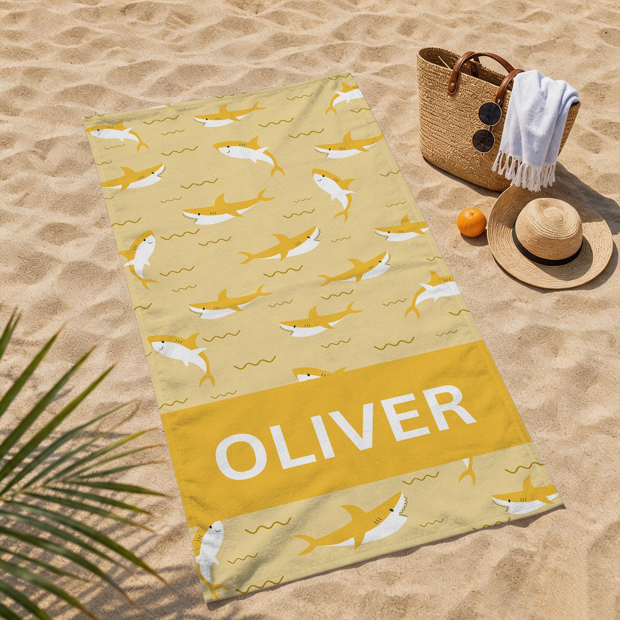 Customd Shark Beach Towel,Personalize Name Pool Towel,Ocean Theme Beach Towel for Kids,Summer Vacation Gift,Picnic Towel,Marine Life Towel