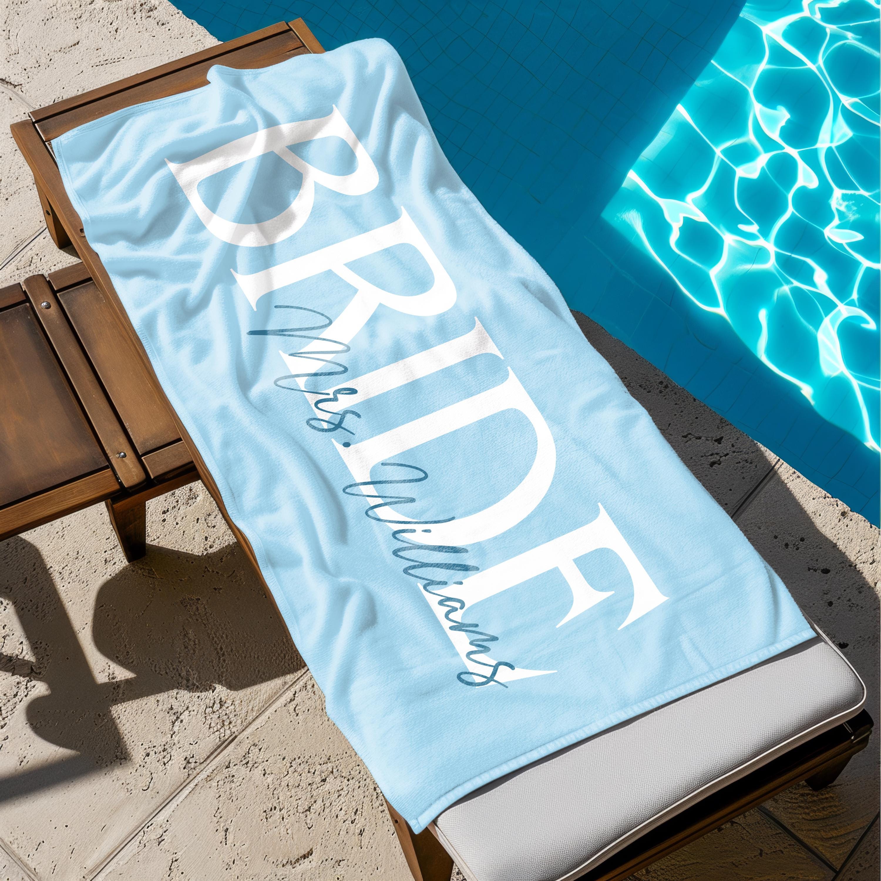 Personalized Bride Beach Towel, Custom Bridesmaid Towel, Bridal Shower Gift, Bachelorette Party Favors, Honeymoon Bride Groom Towel