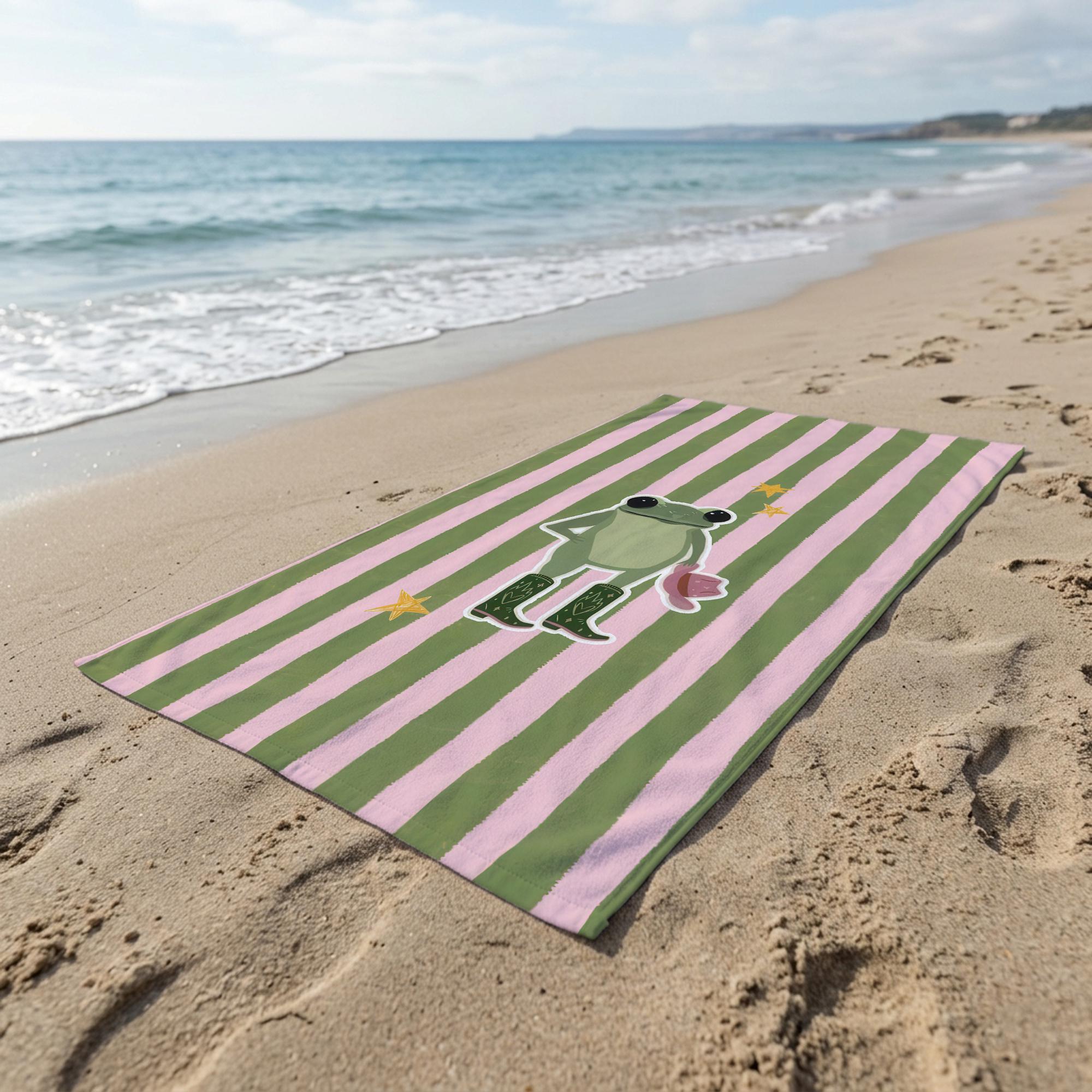 Cute Frog Beach Towel, Personalized Pool Towel, Pink Green Striped Summer Towel, Custom Printed Gift For Girls
