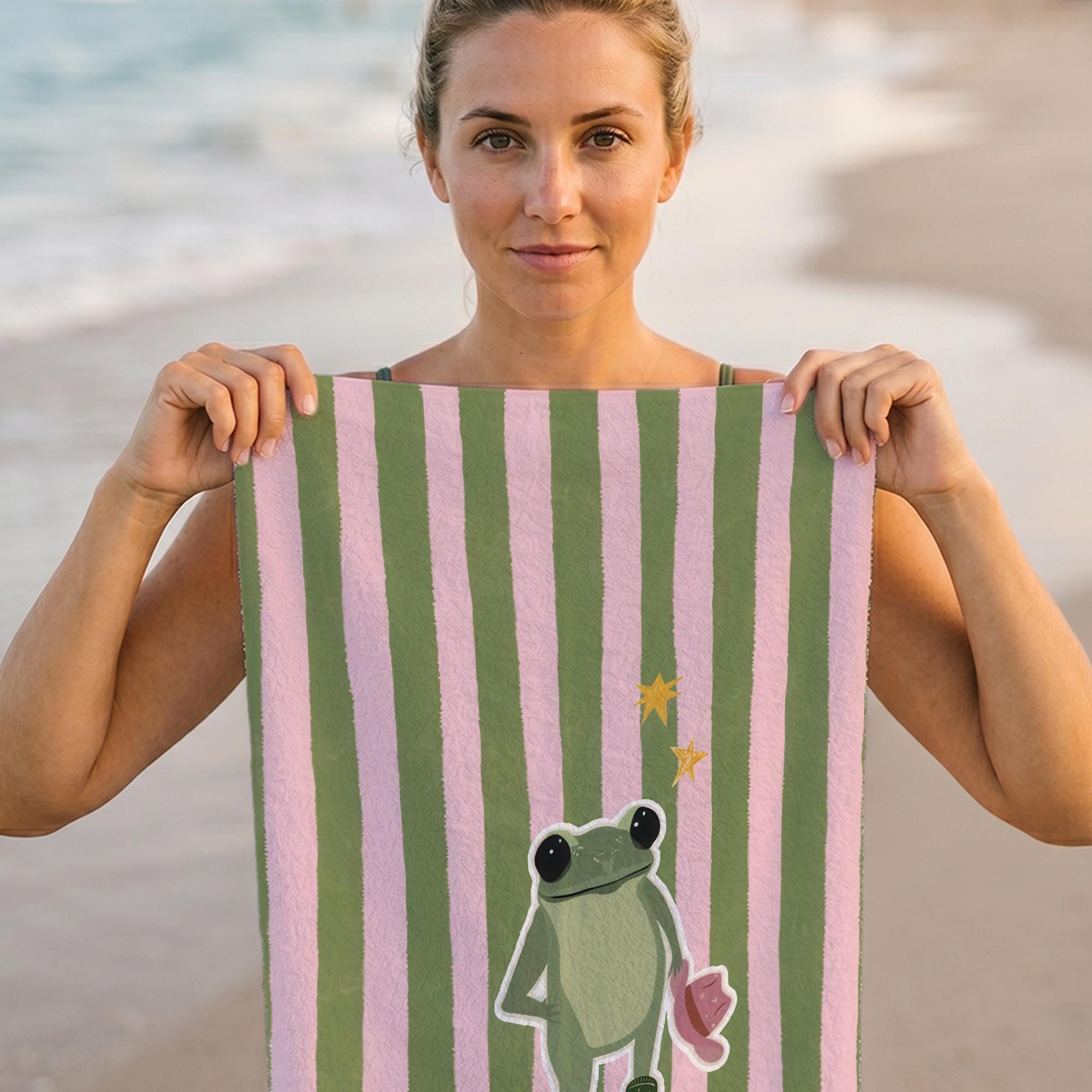 Cute Frog Beach Towel, Personalized Pool Towel, Pink Green Striped Summer Towel, Custom Printed Gift For Girls