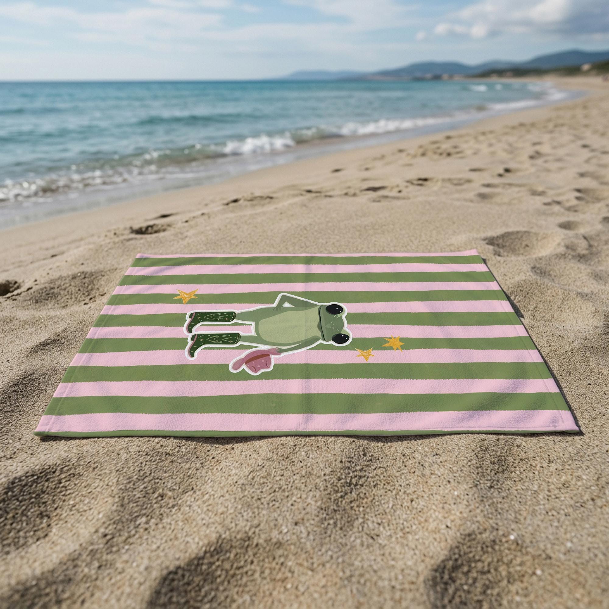 Cute Frog Beach Towel, Personalized Pool Towel, Pink Green Striped Summer Towel, Custom Printed Gift For Girls