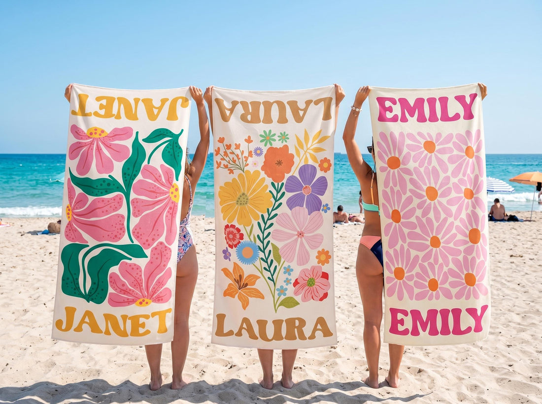 Personalized Retro Floral Beach Towels, Custom Name Pool Trips Towel, Bachelorette Party Favors, Girls Trip Summer Towel