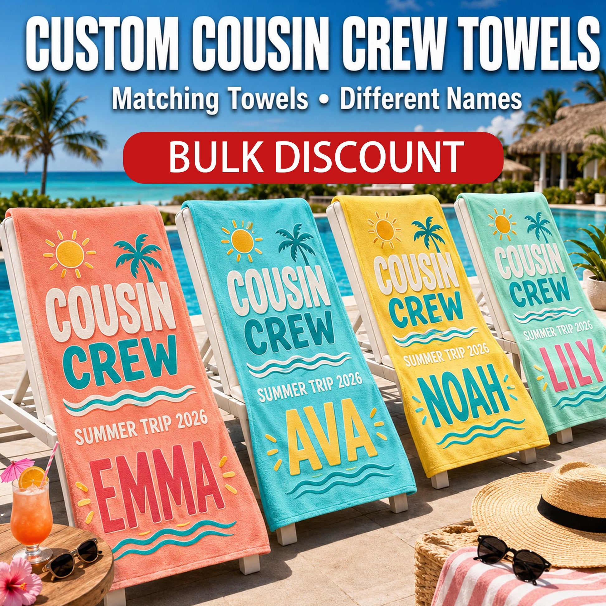 Custom Cousin Crew Beach Towel, Personalized Matching Summer Vacation Gift