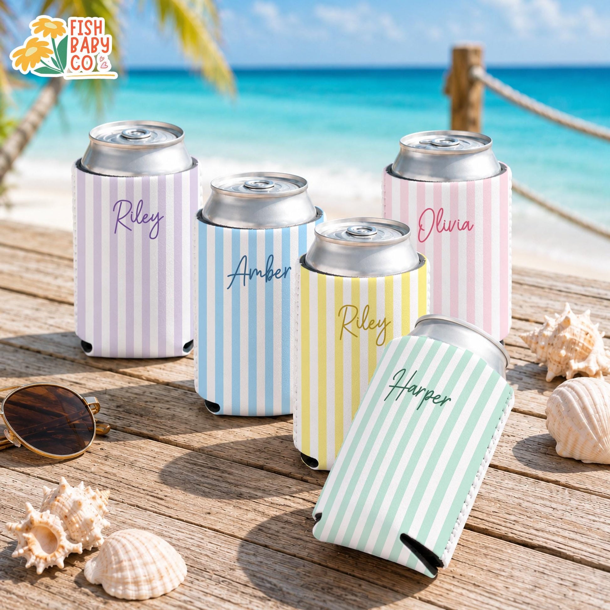 Personalized Name Monogrammed Slim Can Cooler, Beach Bachelorette Favors, Stripe Skinny Can Cooler, Bridal Party Gift, Bridesmaid Gifts