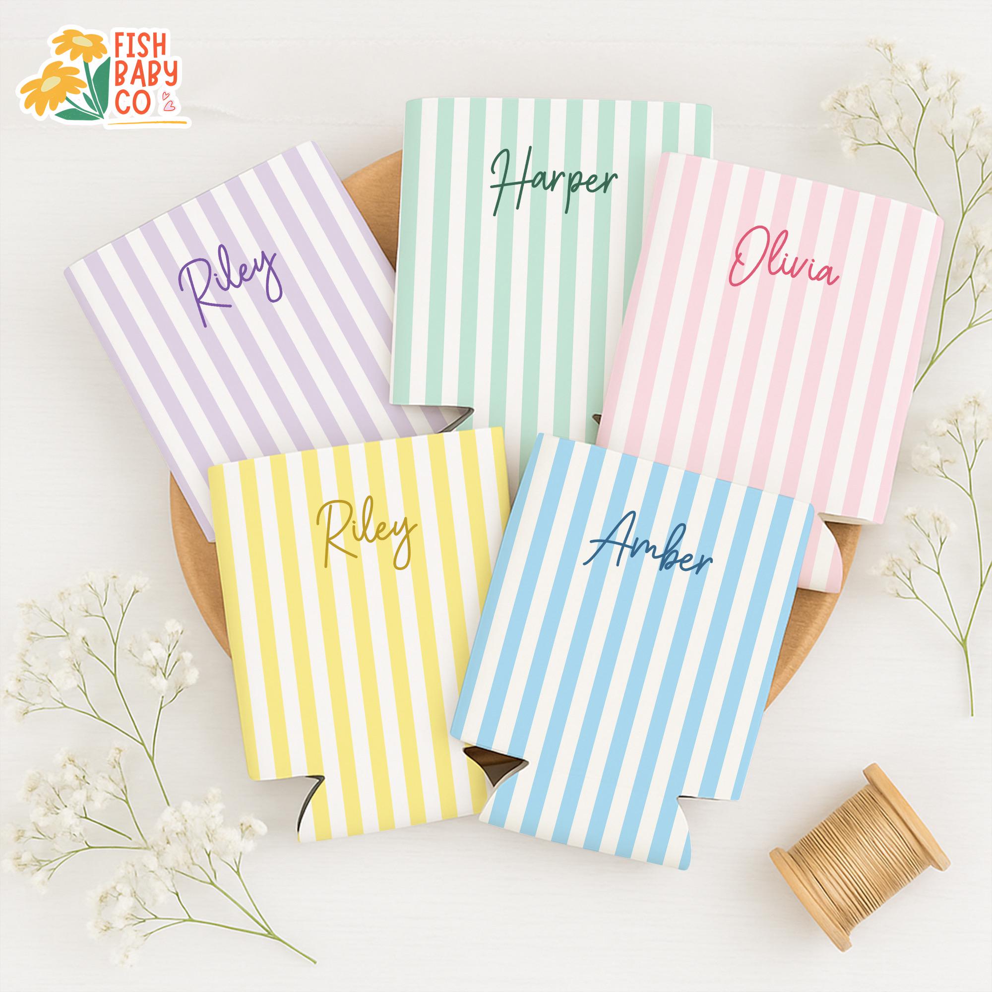 Personalized Name Monogrammed Slim Can Cooler, Beach Bachelorette Favors, Stripe Skinny Can Cooler, Bridal Party Gift, Bridesmaid Gifts