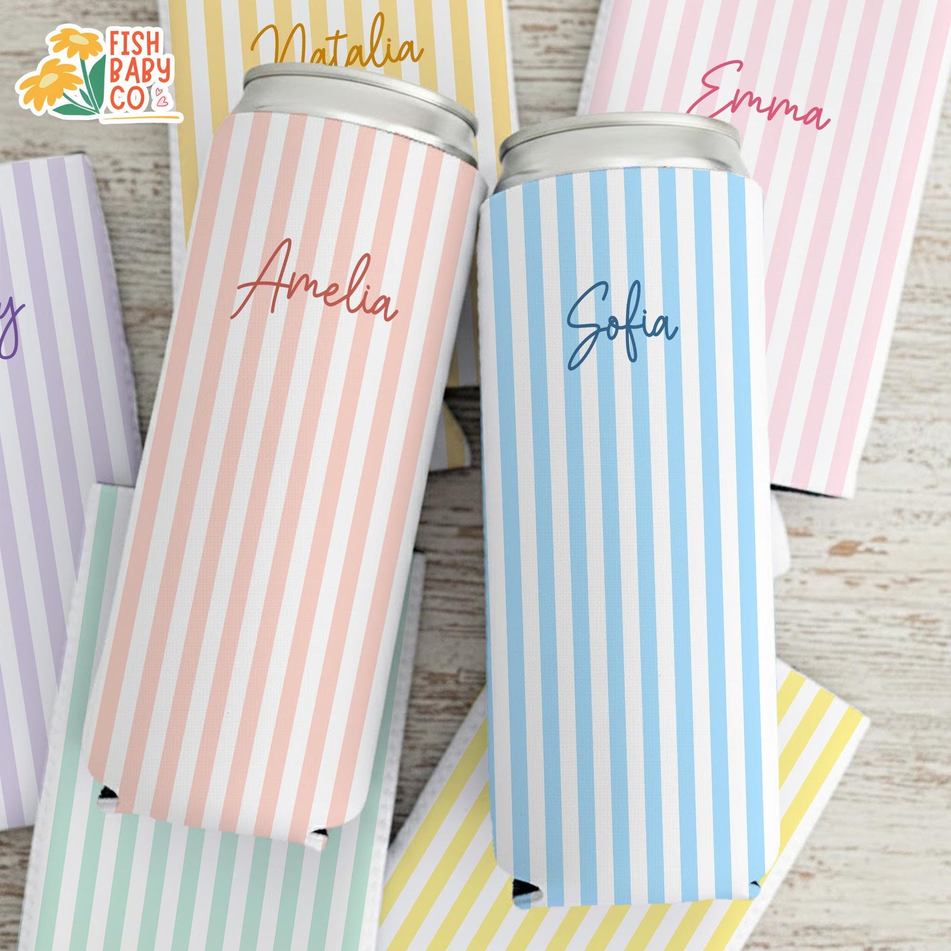 Personalized Name Monogrammed Slim Can Cooler, Beach Bachelorette Favors, Stripe Skinny Can Cooler, Bridal Party Gift, Bridesmaid Gifts