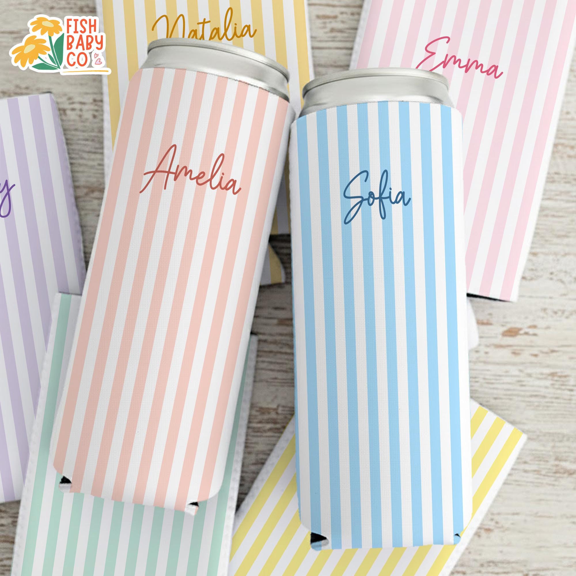 Personalized Name Monogrammed Slim Can Cooler, Beach Bachelorette Favors, Stripe Skinny Can Cooler, Bridal Party Gift, Bridesmaid Gifts