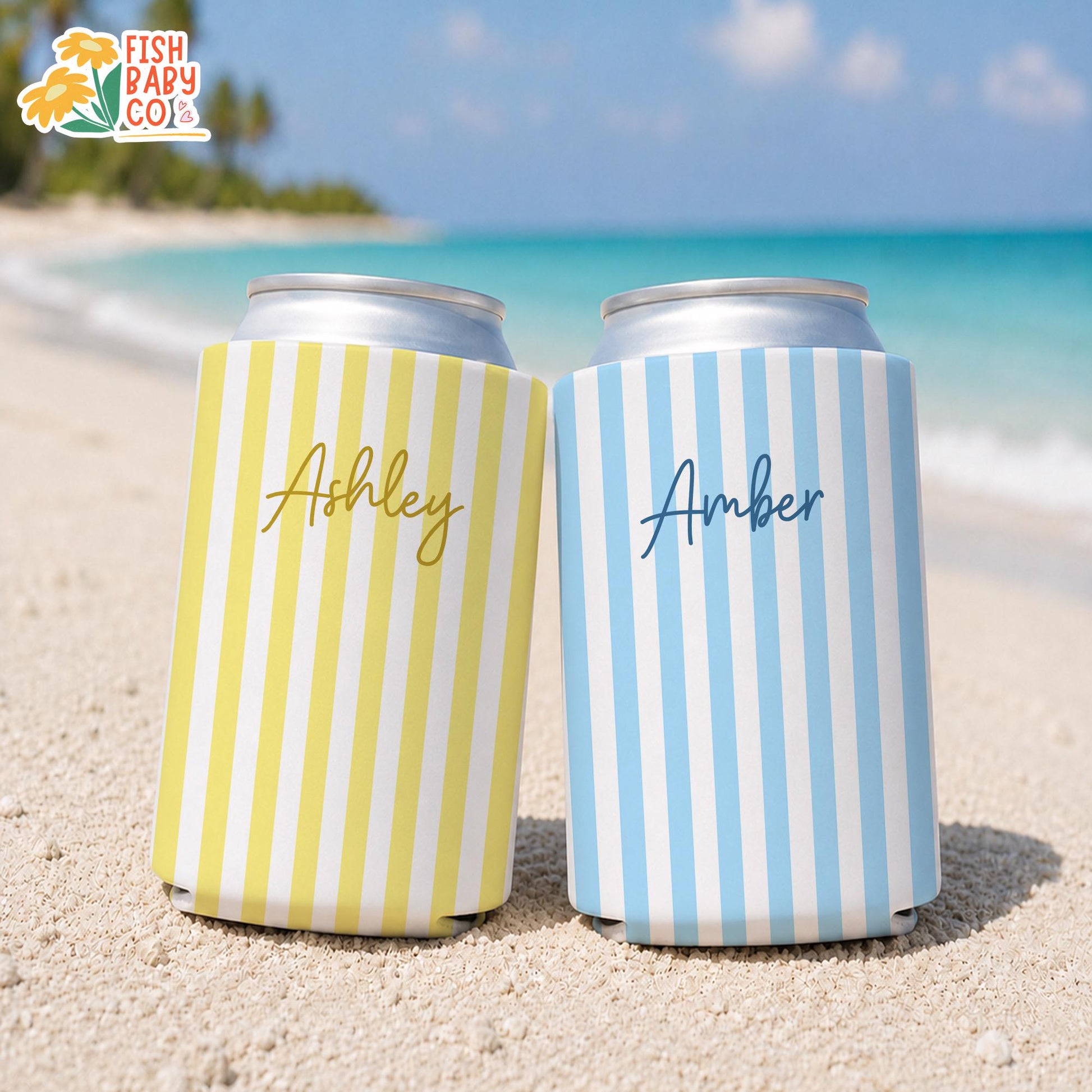 Personalized Name Monogrammed Slim Can Cooler, Beach Bachelorette Favors, Stripe Skinny Can Cooler, Bridal Party Gift, Bridesmaid Gifts