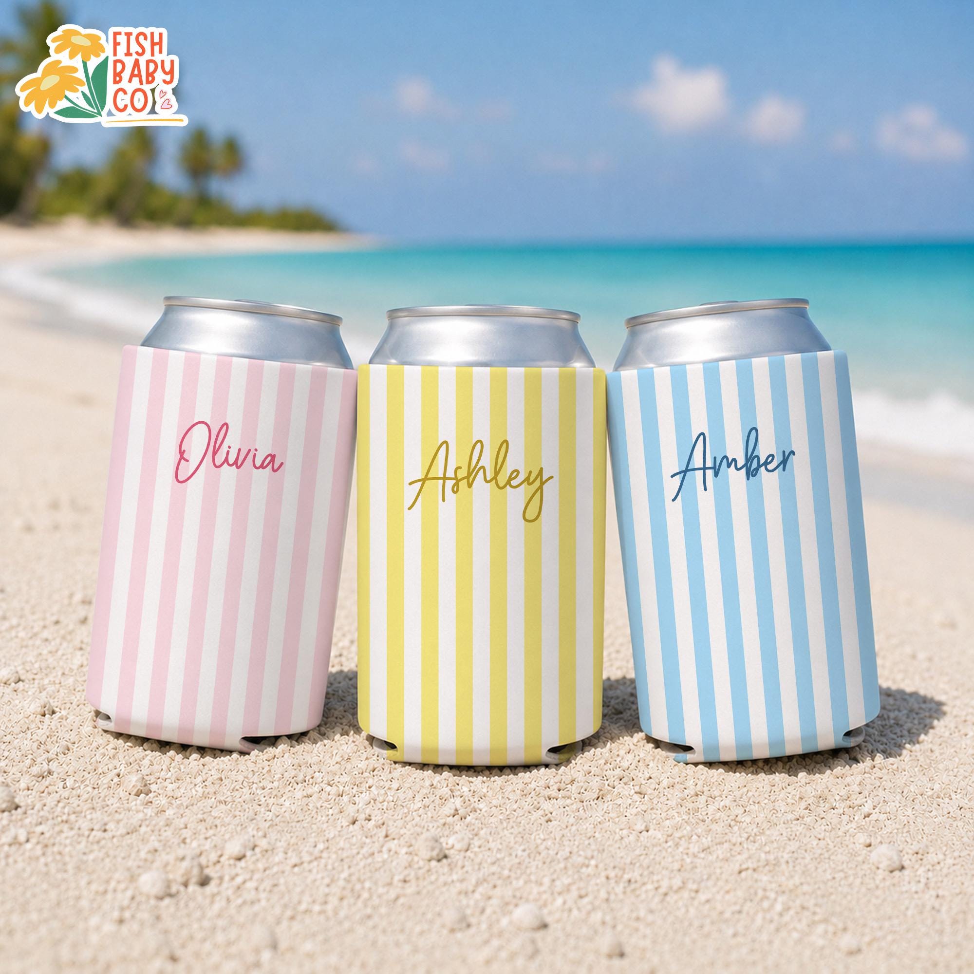 Personalized Name Monogrammed Slim Can Cooler, Beach Bachelorette Favors, Stripe Skinny Can Cooler, Bridal Party Gift, Bridesmaid Gifts