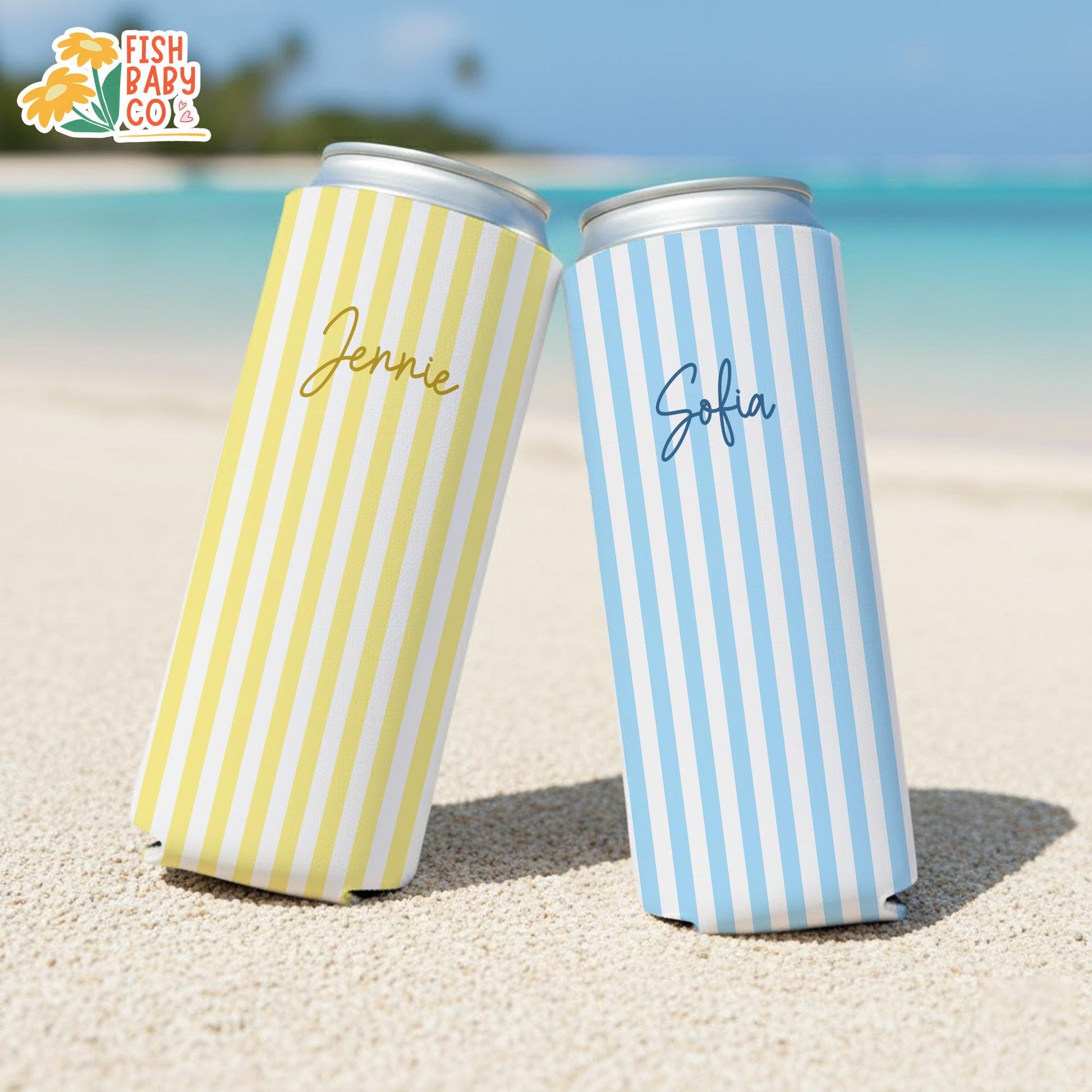 Personalized Name Monogrammed Slim Can Cooler, Beach Bachelorette Favors, Stripe Skinny Can Cooler, Bridal Party Gift, Bridesmaid Gifts