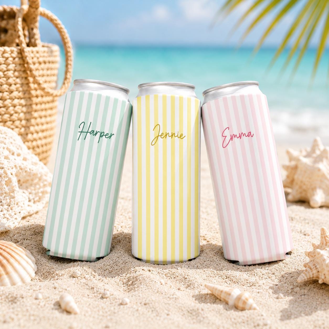 Personalized Name Monogrammed Slim Can Cooler, Beach Bachelorette Favors, Stripe Skinny Can Cooler, Bridal Party Gift, Bridesmaid Gifts