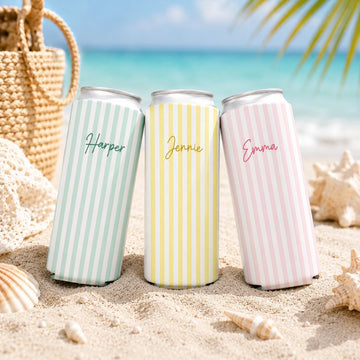 Personalized Name Monogrammed Slim Can Cooler, Beach Bachelorette Favors, Stripe Skinny Can Cooler, Bridal Party Gift, Bridesmaid Gifts