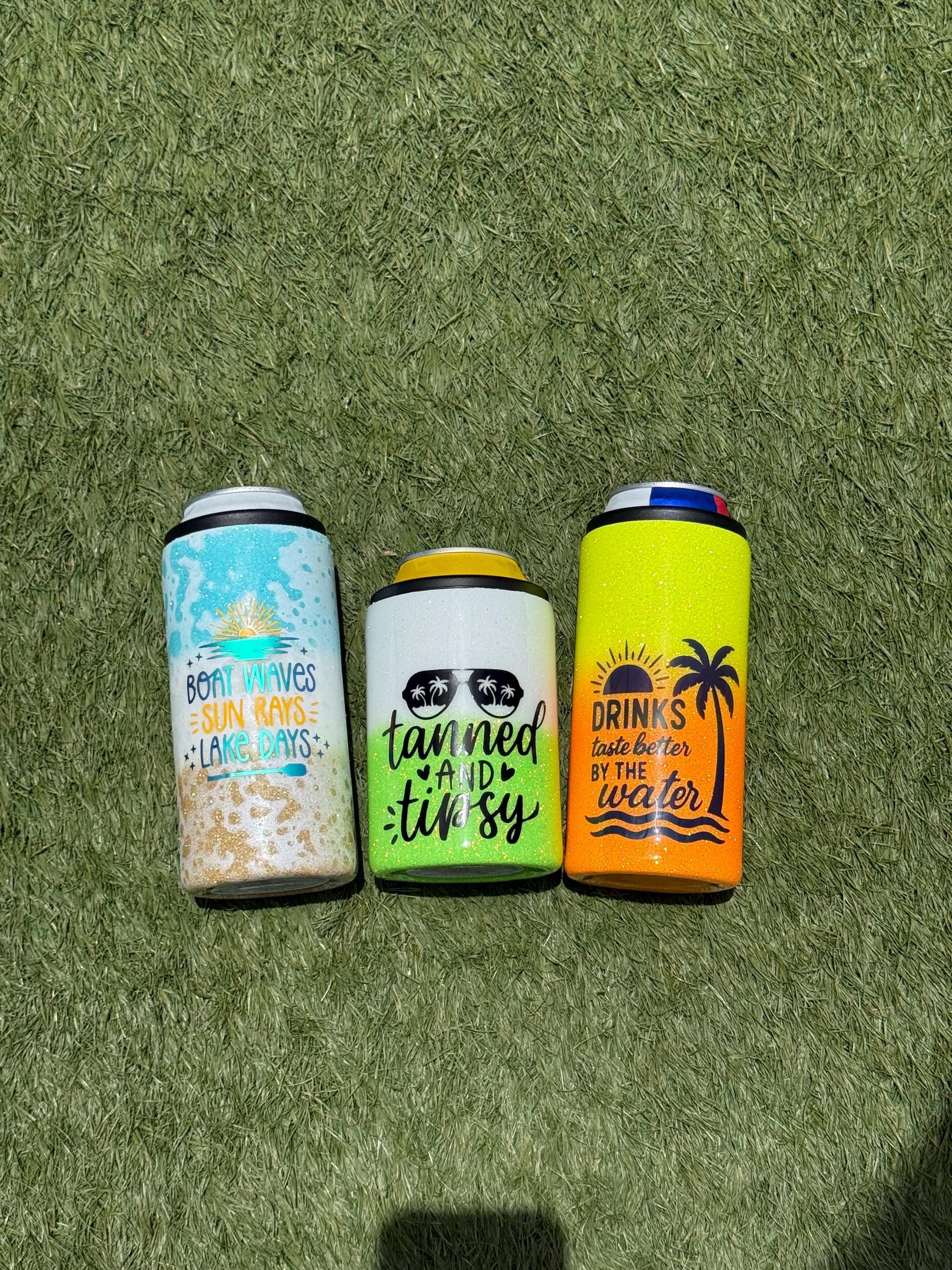 Custom Glitter Slim Can Cooler and Standard Can Chiller | Stainless Steel Beverage Insulator | Beach/Pool Drink Holder | Summer Gift