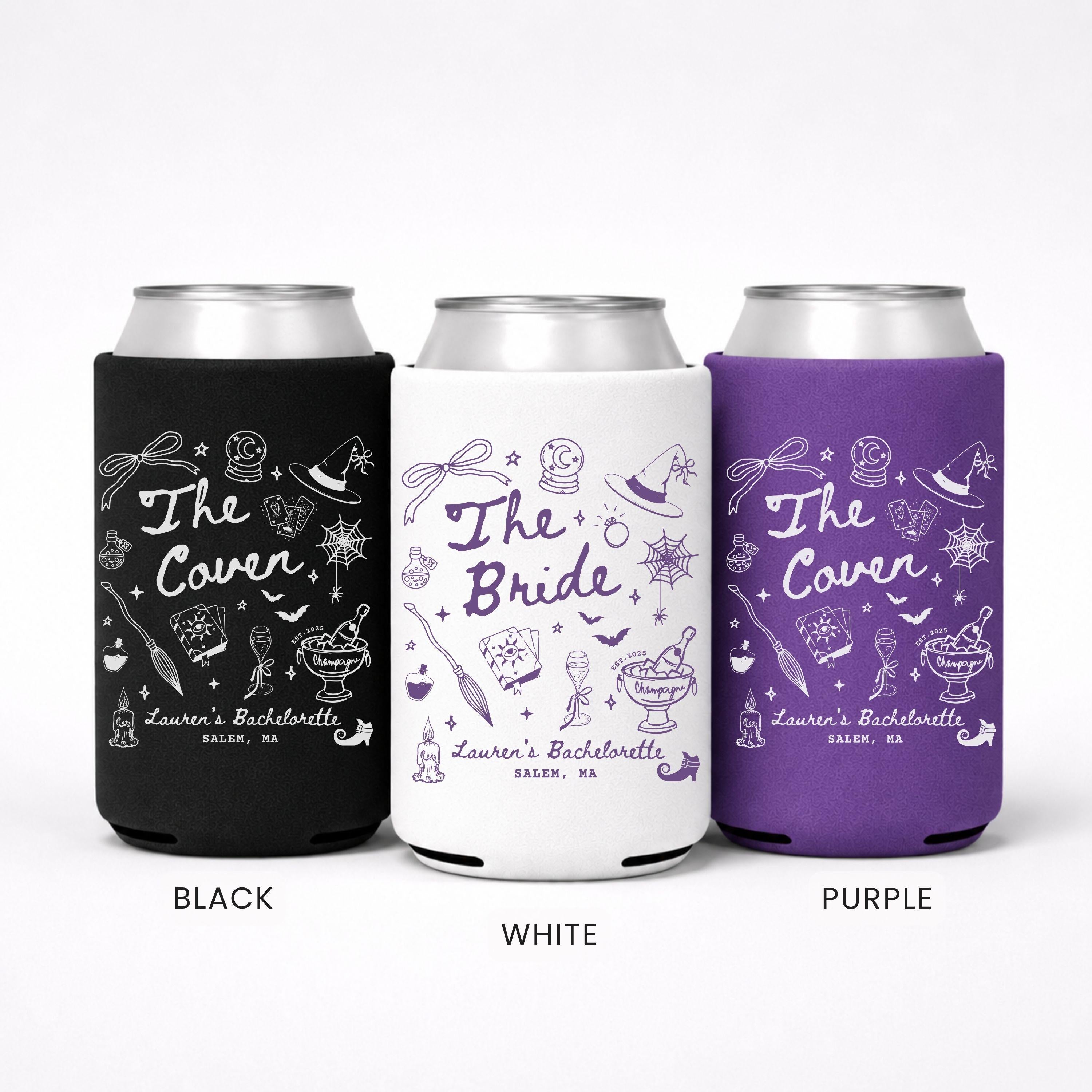 Witch Bachelorette Party Can Cooler, Custom Witchy Halloween Can Holder, Personalized Spooky Bridal Party Favor, The Coven Bride Girls Trip