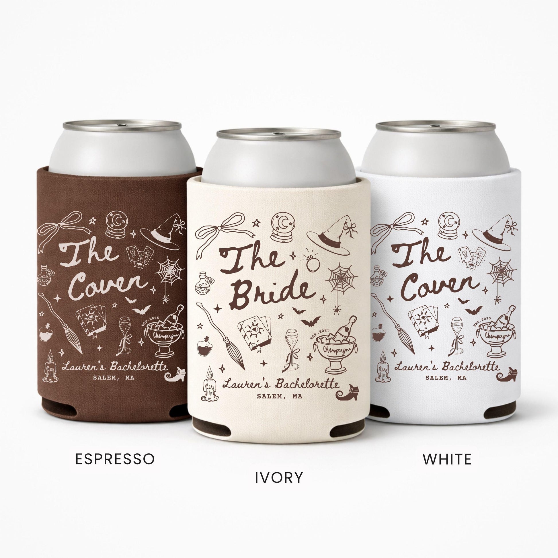 Witch Bachelorette Party Can Cooler, Custom Witchy Halloween Can Holder, Personalized Spooky Bridal Party Favor, The Coven Bride Girls Trip